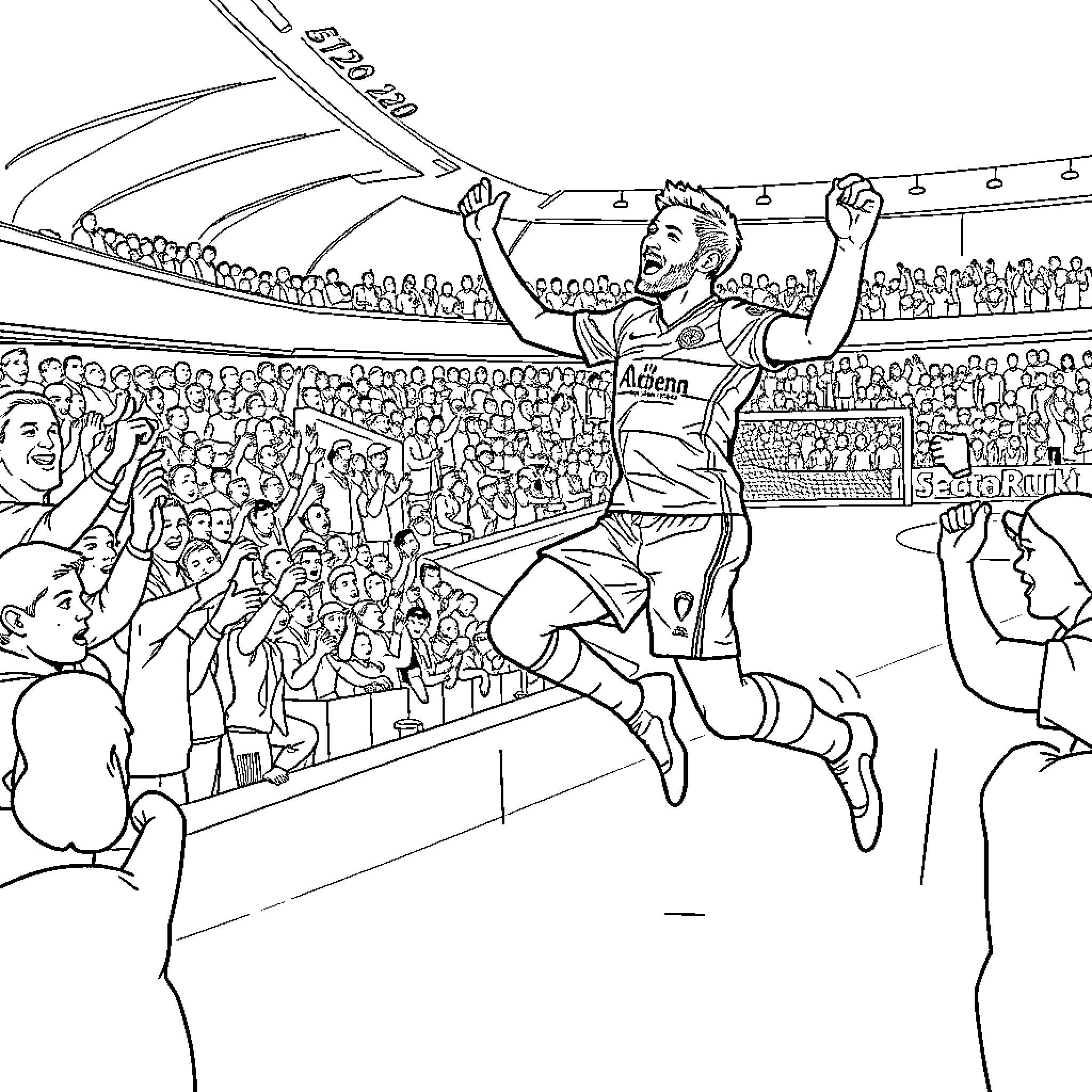 Graeme Shinnie celebrating victory in front of cheering crowd Coloring Page (free black-and-white line drawing printable PDF for all, from beginners to advanced learners, including children, teens, adults, and seniors)