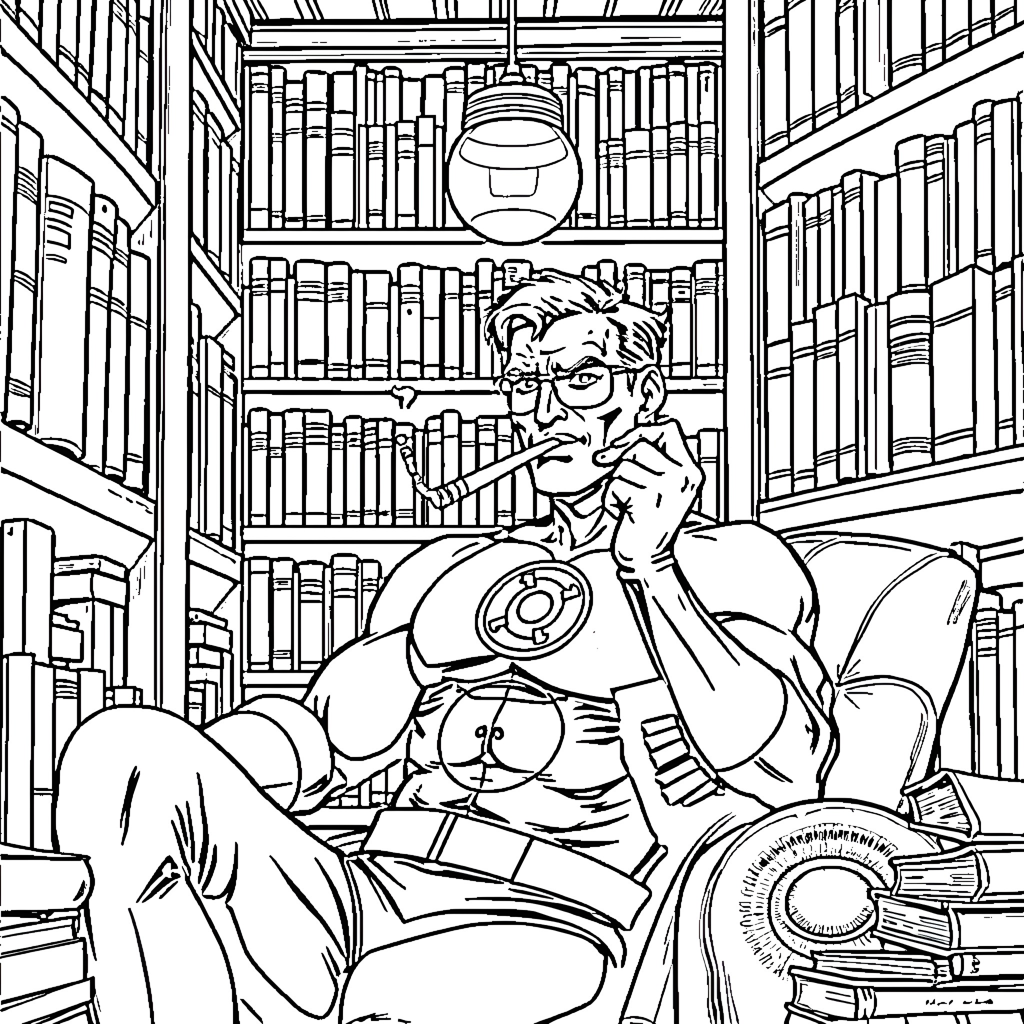 Green Lantern reading books in a library Coloring Page (free black-and-white line drawing printable PDF for all, from beginners to advanced learners, including children, teens, adults, and seniors)