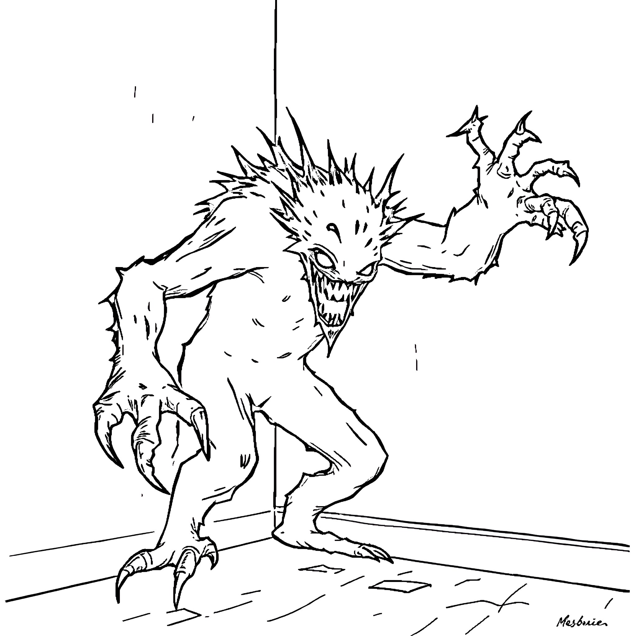 Shadow Monster Menacing Creature in Dark Lair Coloring Page (free black-and-white line drawing printable PDF for all, from beginners to advanced learners, including children, teens, adults, and seniors)