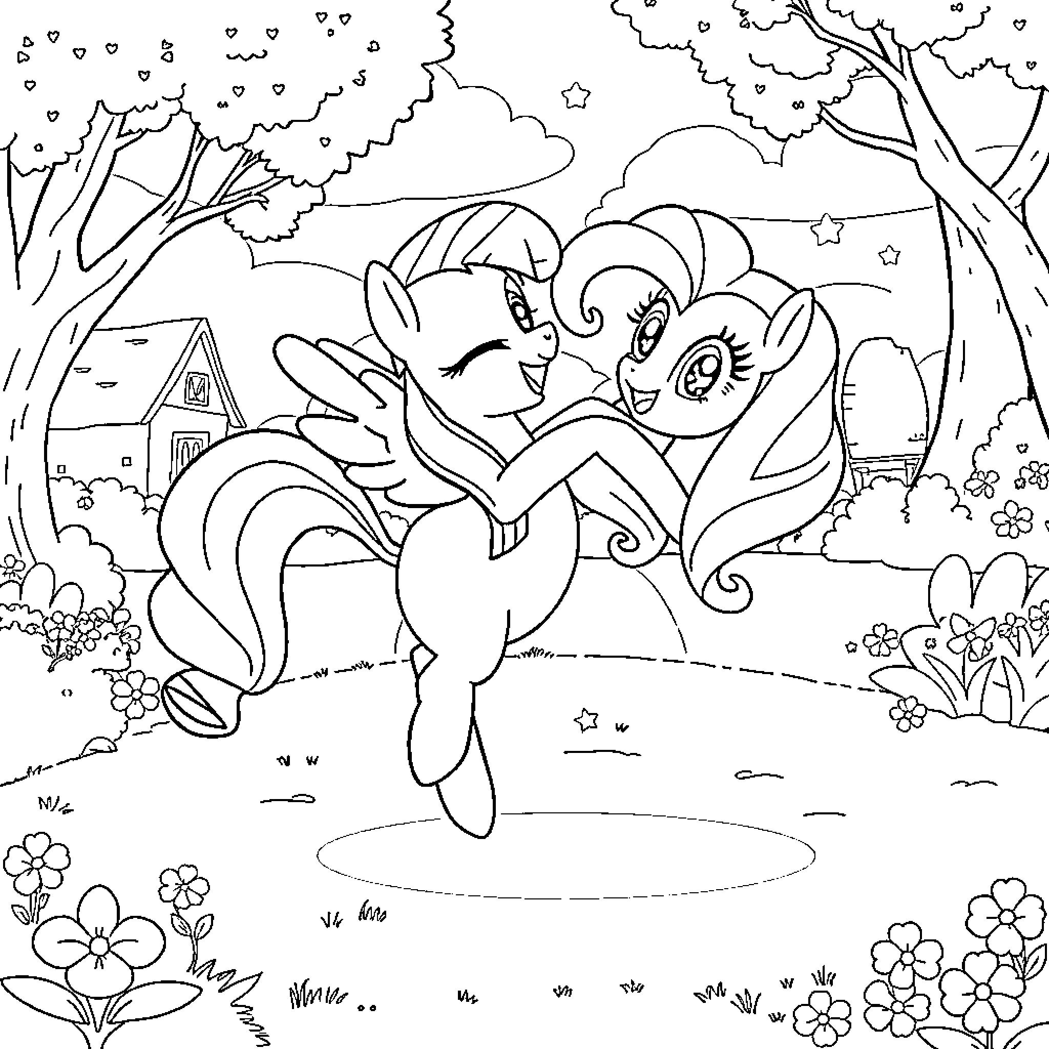 Fluttershy enjoying a magical night with friends Coloring Page (free black-and-white line drawing printable PDF for all, from beginners to advanced learners, including children, teens, adults, and seniors)