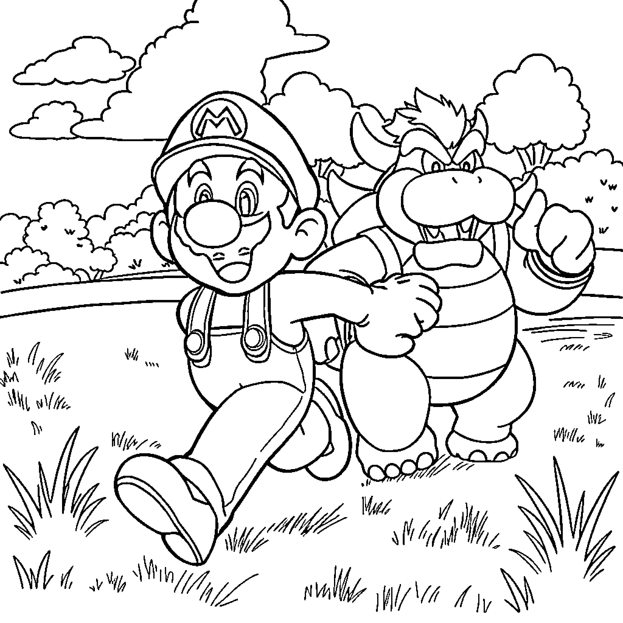 Mario facing off with Bowser in the outdoors Coloring Page (free black-and-white line drawing printable PDF for all, from beginners to advanced learners, including children, teens, adults, and seniors)