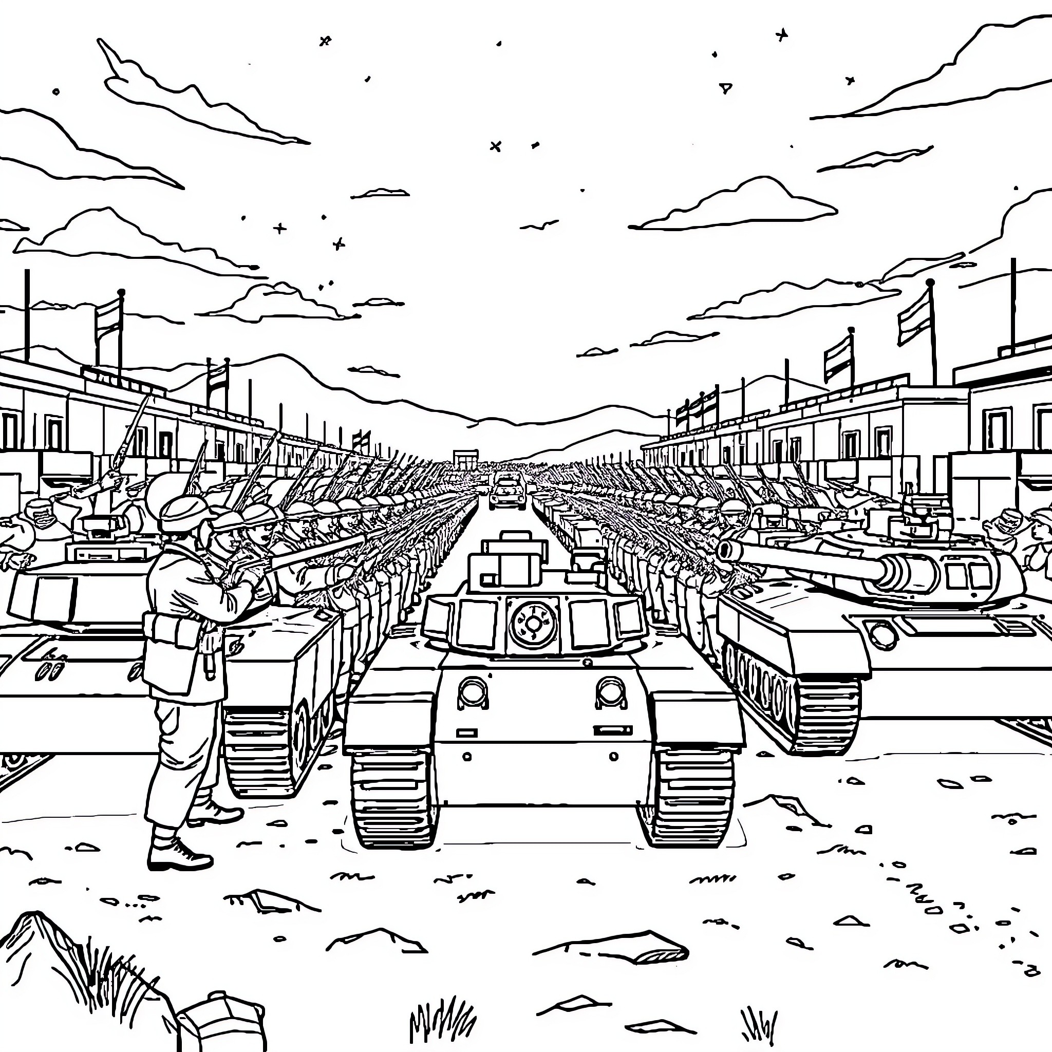 Tralalelo Armored Vehicles Parading in Battlefield Coloring Page (free black-and-white line drawing printable PDF for all, from beginners to advanced learners, including children, teens, adults, and seniors)