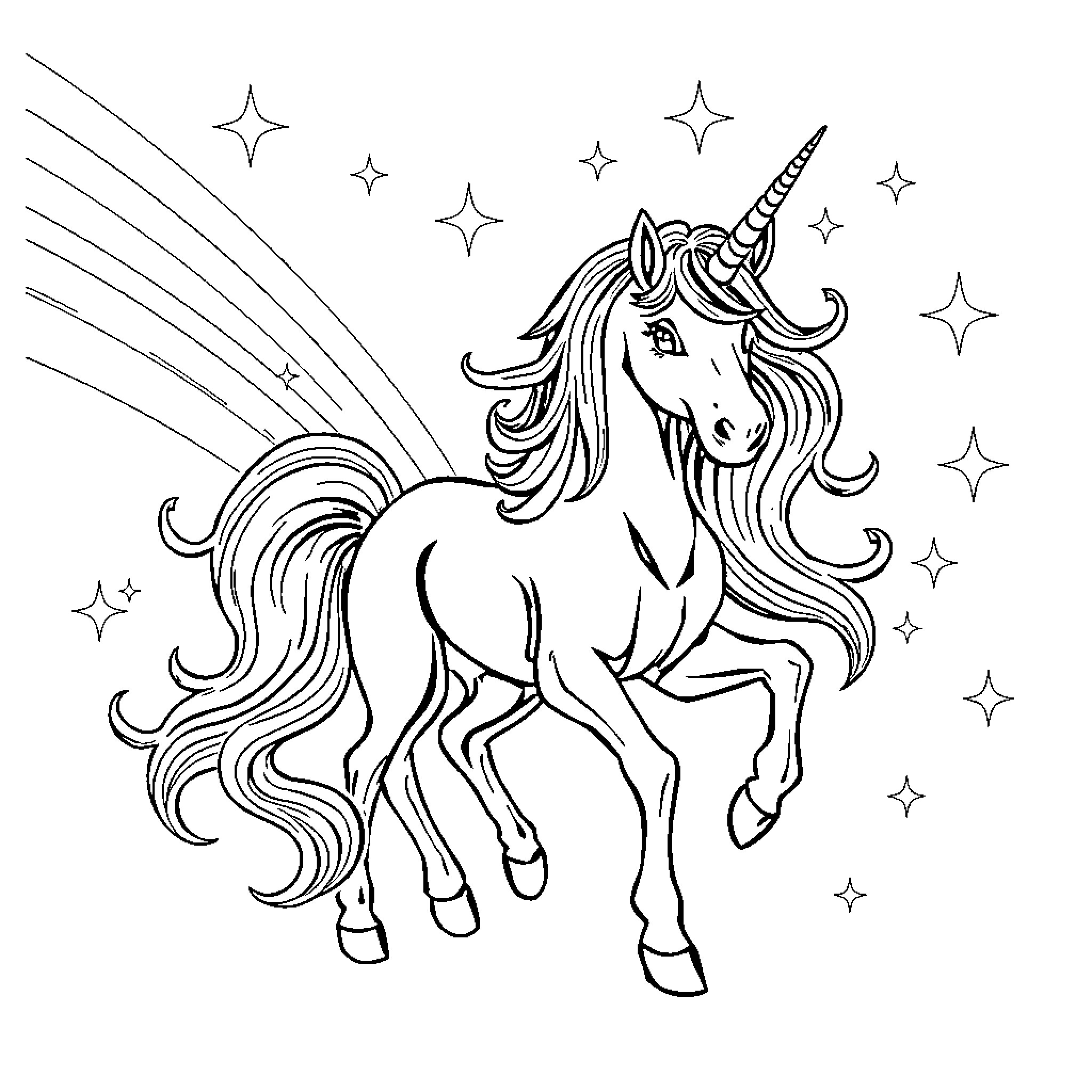 Unicorn galloping among shimmering stars Coloring Page (free black-and-white line drawing printable PDF for all, from beginners to advanced learners, including children, teens, adults, and seniors)