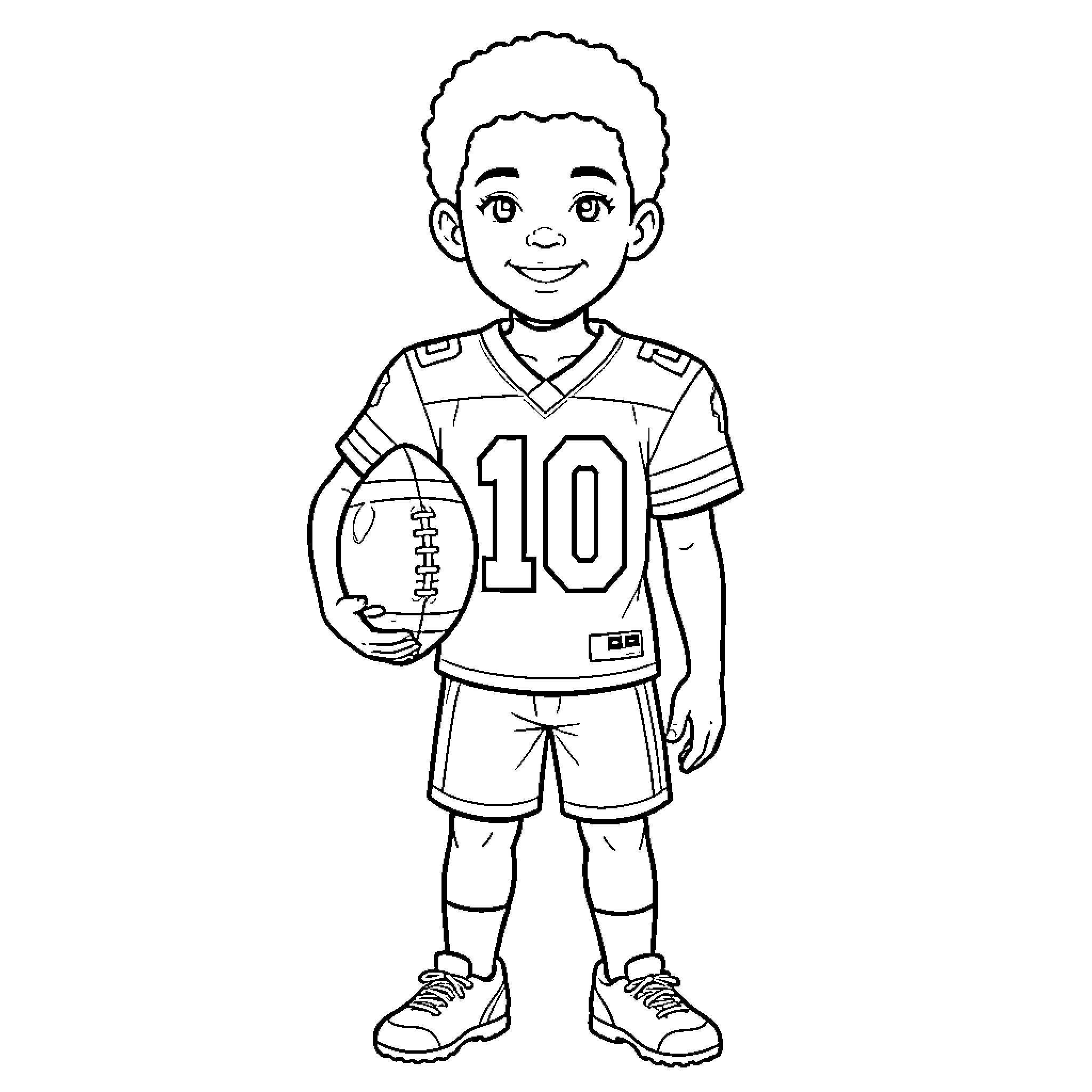 Boy in football uniform holding a ball Coloring Page (free black-and-white line drawing printable PDF for all, from beginners to advanced learners, including children, teens, adults, and seniors)