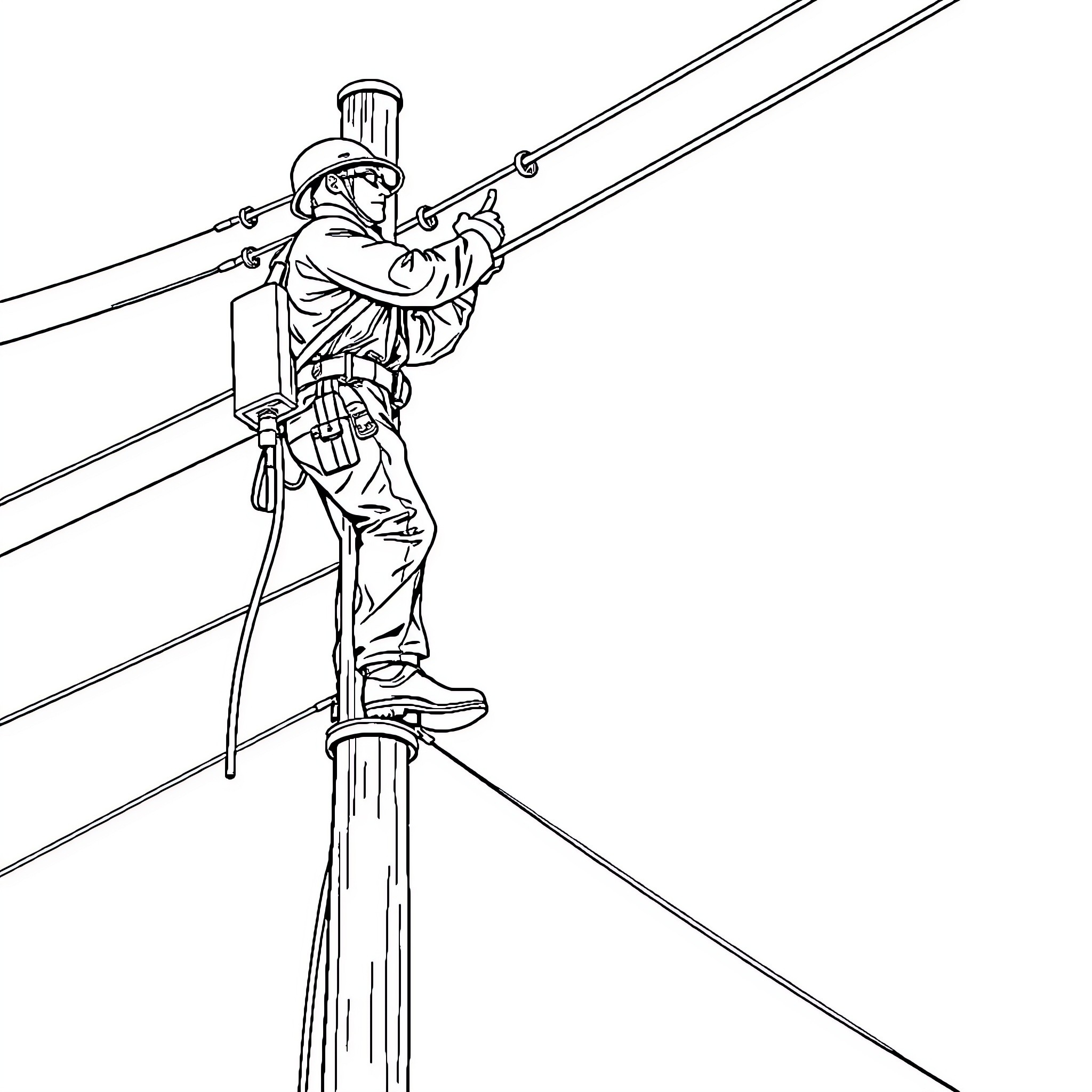 Lineman Inspecting and Repairing Power Lines Coloring Page (free black-and-white line drawing printable PDF for all, from beginners to advanced learners, including children, teens, adults, and seniors)