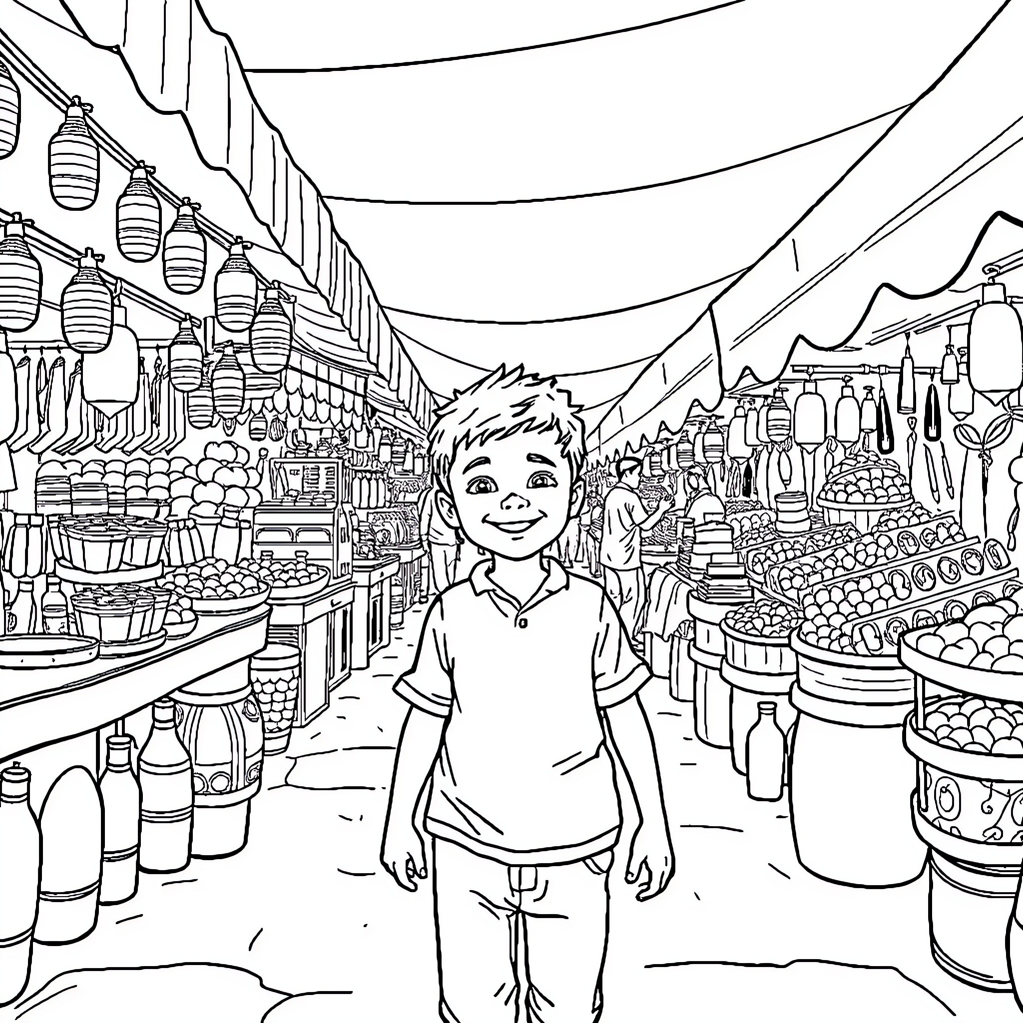 Shravan exploring a bustling marketplace Coloring Page (free black-and-white line drawing printable PDF for all, from beginners to advanced learners, including children, teens, adults, and seniors)