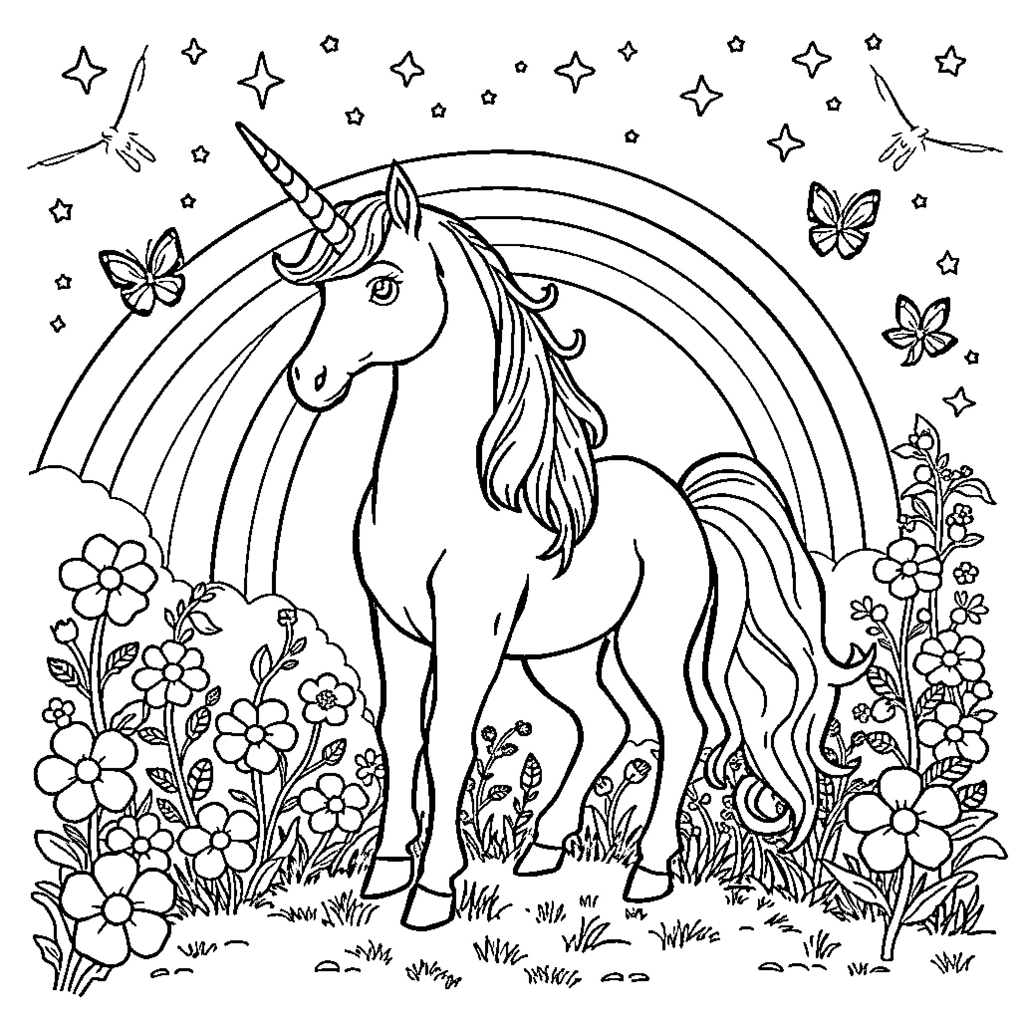 Unicorn standing in a magical garden with butterflies and rainbows Coloring Page (free black-and-white line drawing printable PDF for all, from beginners to advanced learners, including children, teens, adults, and seniors)