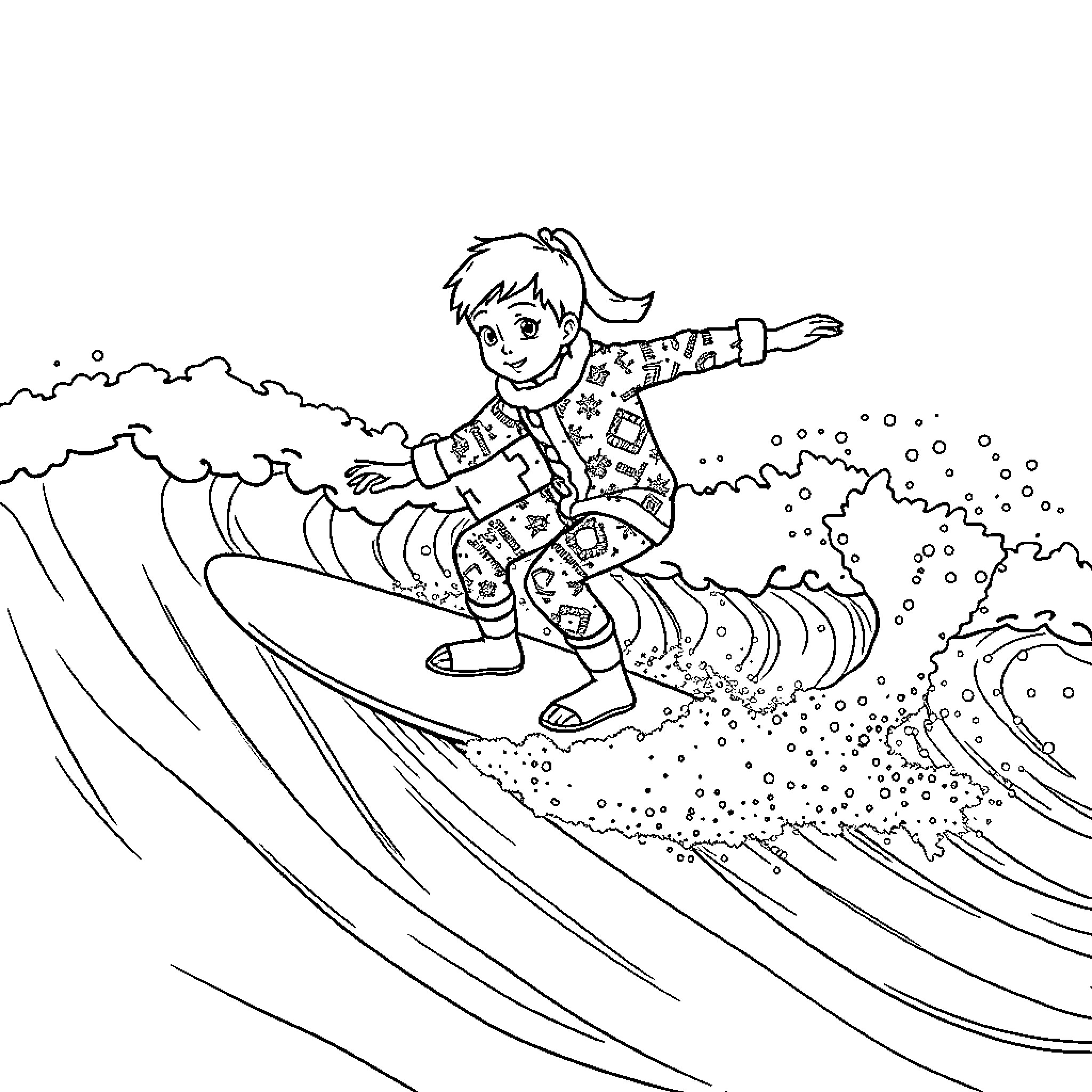 Boy surfing through the waves with enthusiasm Coloring Page (free black-and-white line drawing printable PDF for all, from beginners to advanced learners, including children, teens, adults, and seniors)