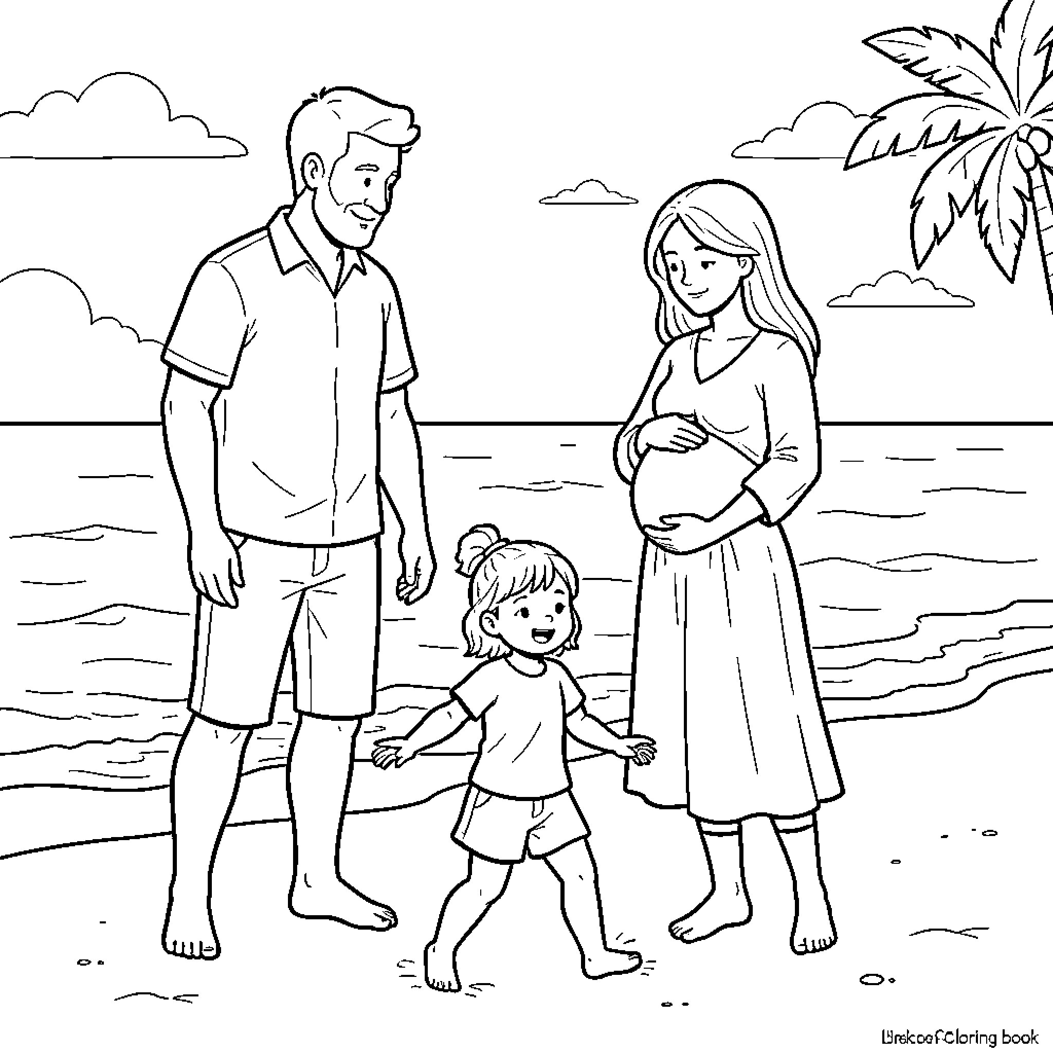 Family walking together on a sunny beach Coloring Page (free black-and-white line drawing printable PDF for all, from beginners to advanced learners, including children, teens, adults, and seniors)