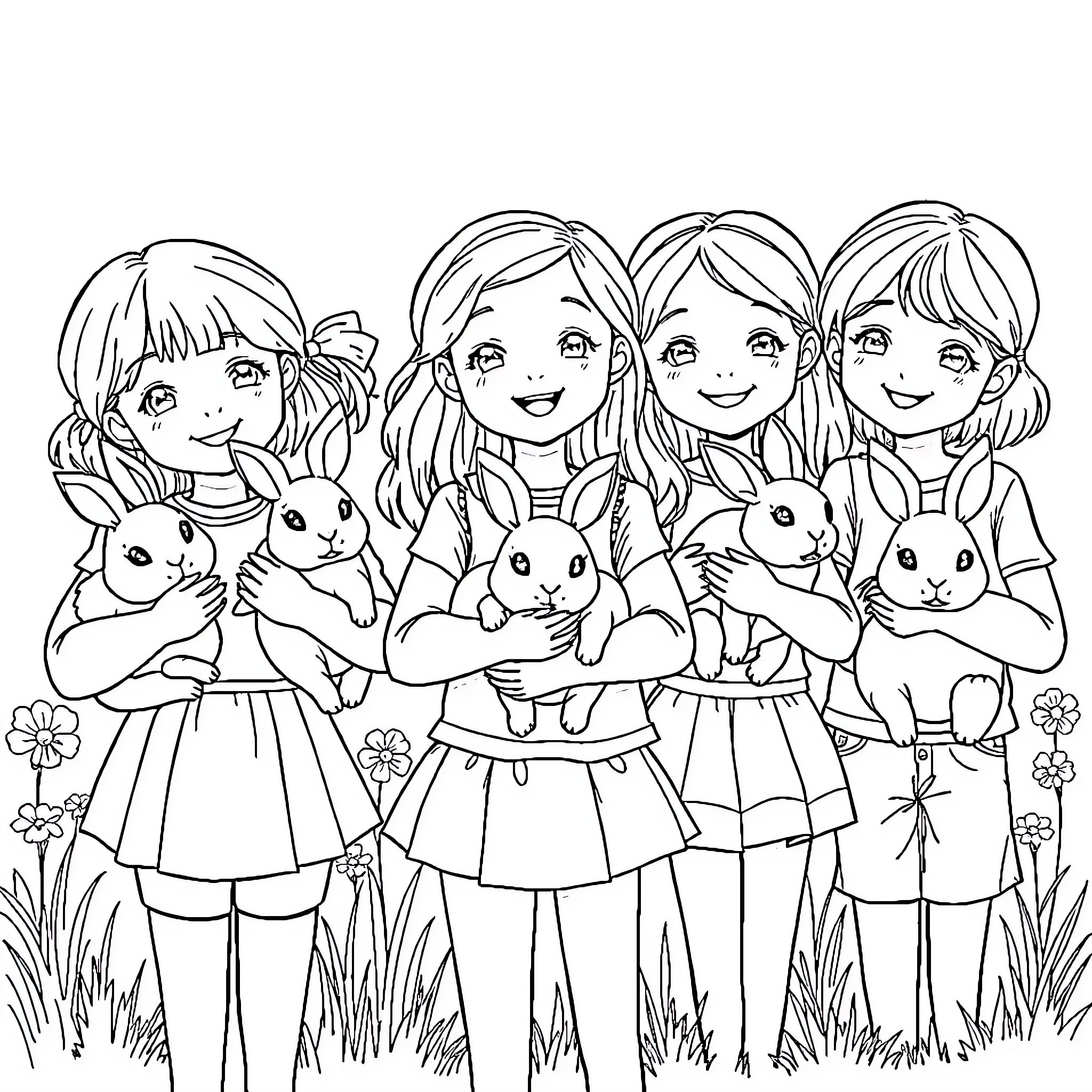 Girls playing with cute bunnies in a field Coloring Page (free black-and-white line drawing printable PDF for all, from beginners to advanced learners, including children, teens, adults, and seniors)