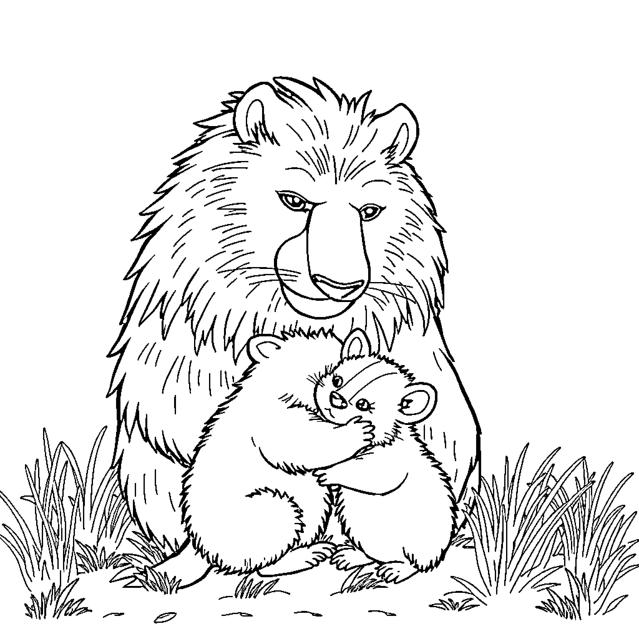 Bear and Cub Bonding in Nature Coloring Page (free black-and-white line drawing printable PDF for all, from beginners to advanced learners, including children, teens, adults, and seniors)