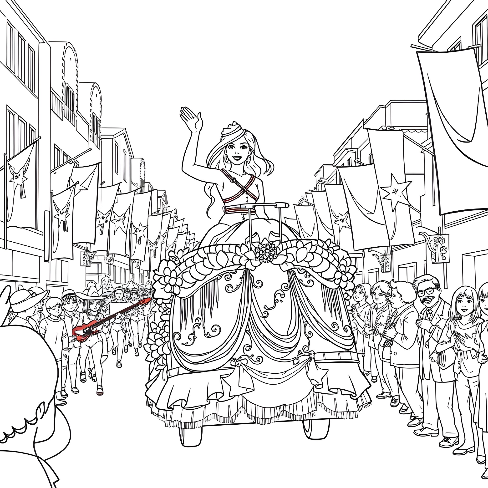 Lillie's Enchanting Parade in the City Coloring Page (free black-and-white line drawing printable PDF for all, from beginners to advanced learners, including children, teens, adults, and seniors)
