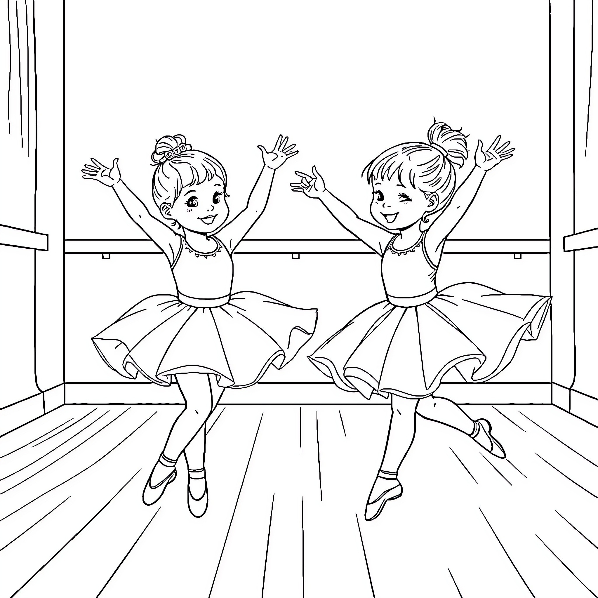 Kid Ballerinas Joyfully Dancing on Stage Coloring Page (free black-and-white line drawing printable PDF for all, from beginners to advanced learners, including children, teens, adults, and seniors)