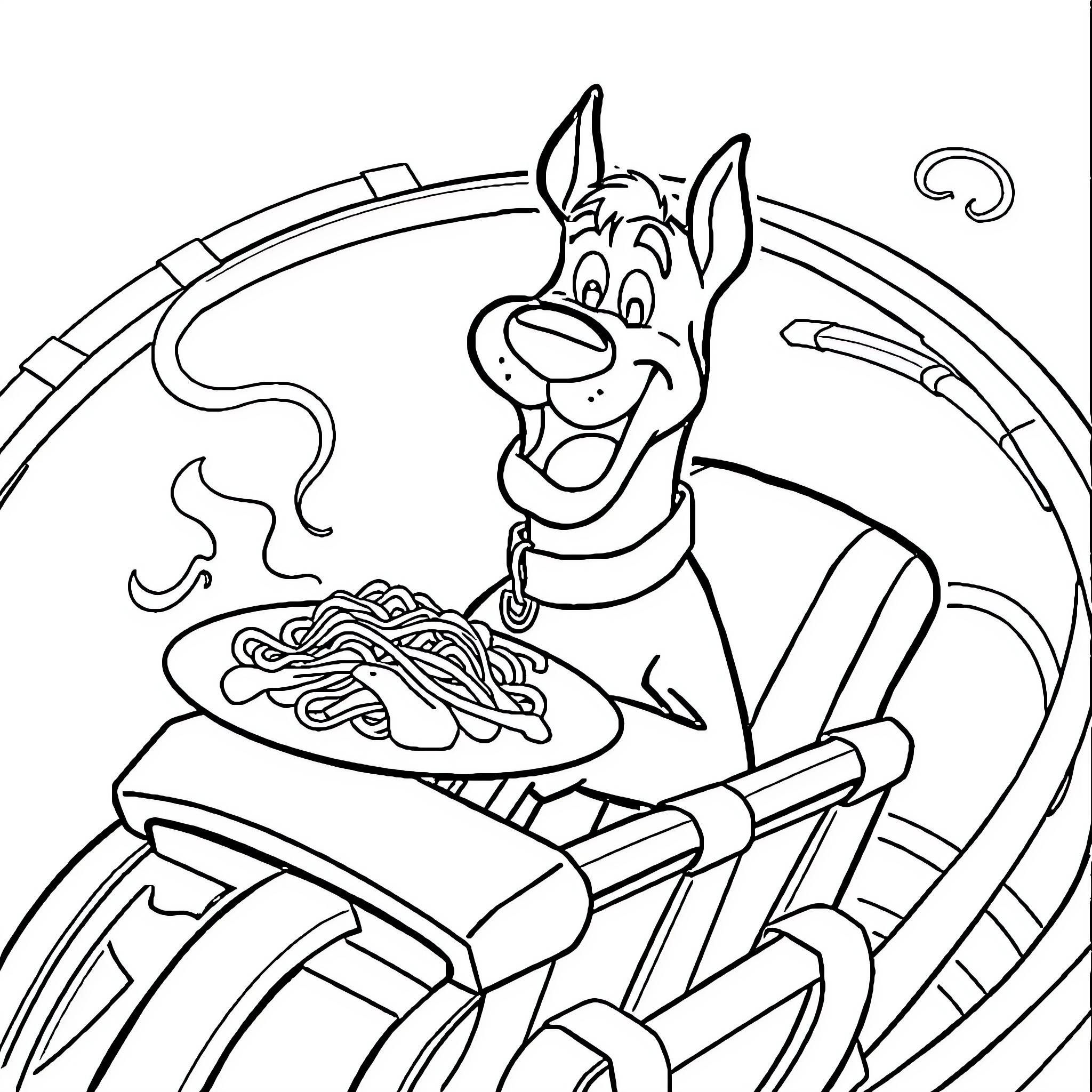 Scooby Doo enjoying a delightful snack Coloring Page (free black-and-white line drawing printable PDF for all, from beginners to advanced learners, including children, teens, adults, and seniors)