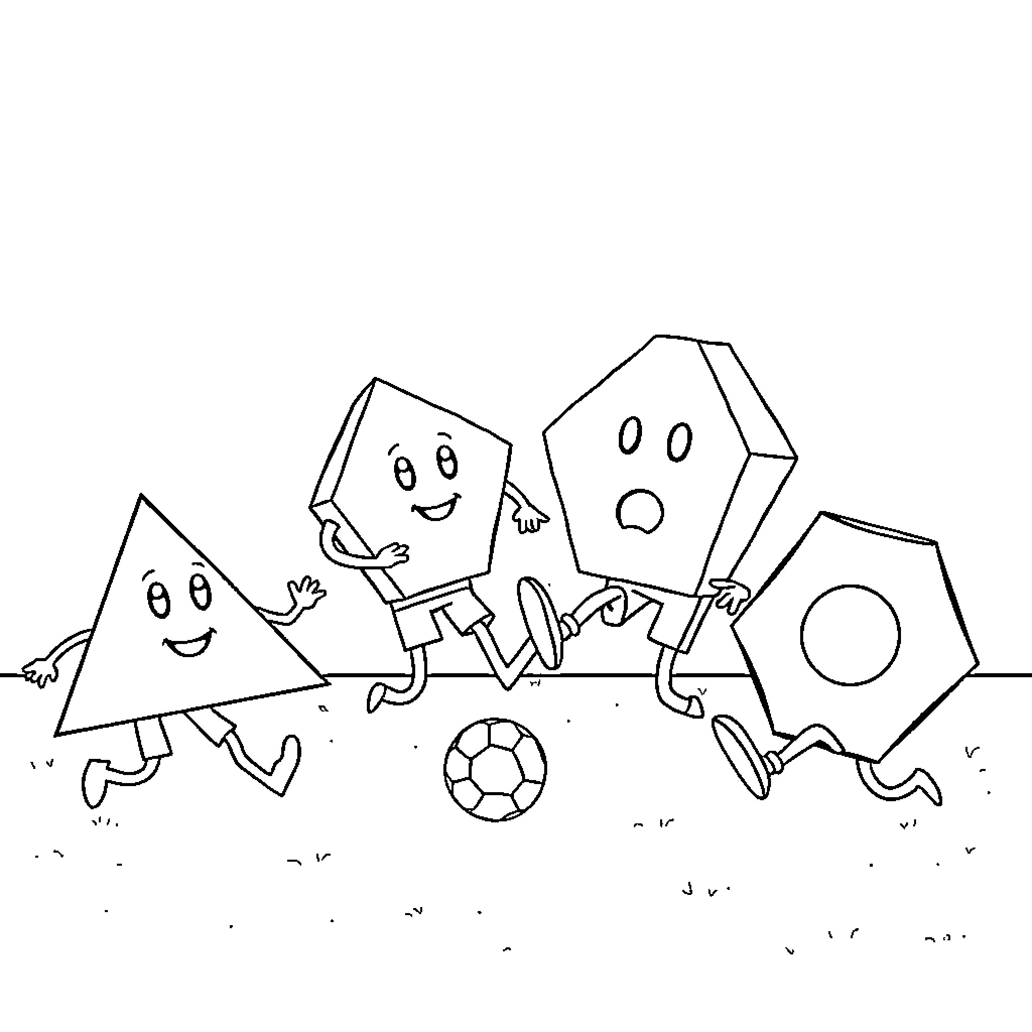 Shape characters playing with ball in playful scene Coloring Page (free black-and-white line drawing printable PDF for all, from beginners to advanced learners, including children, teens, adults, and seniors)
