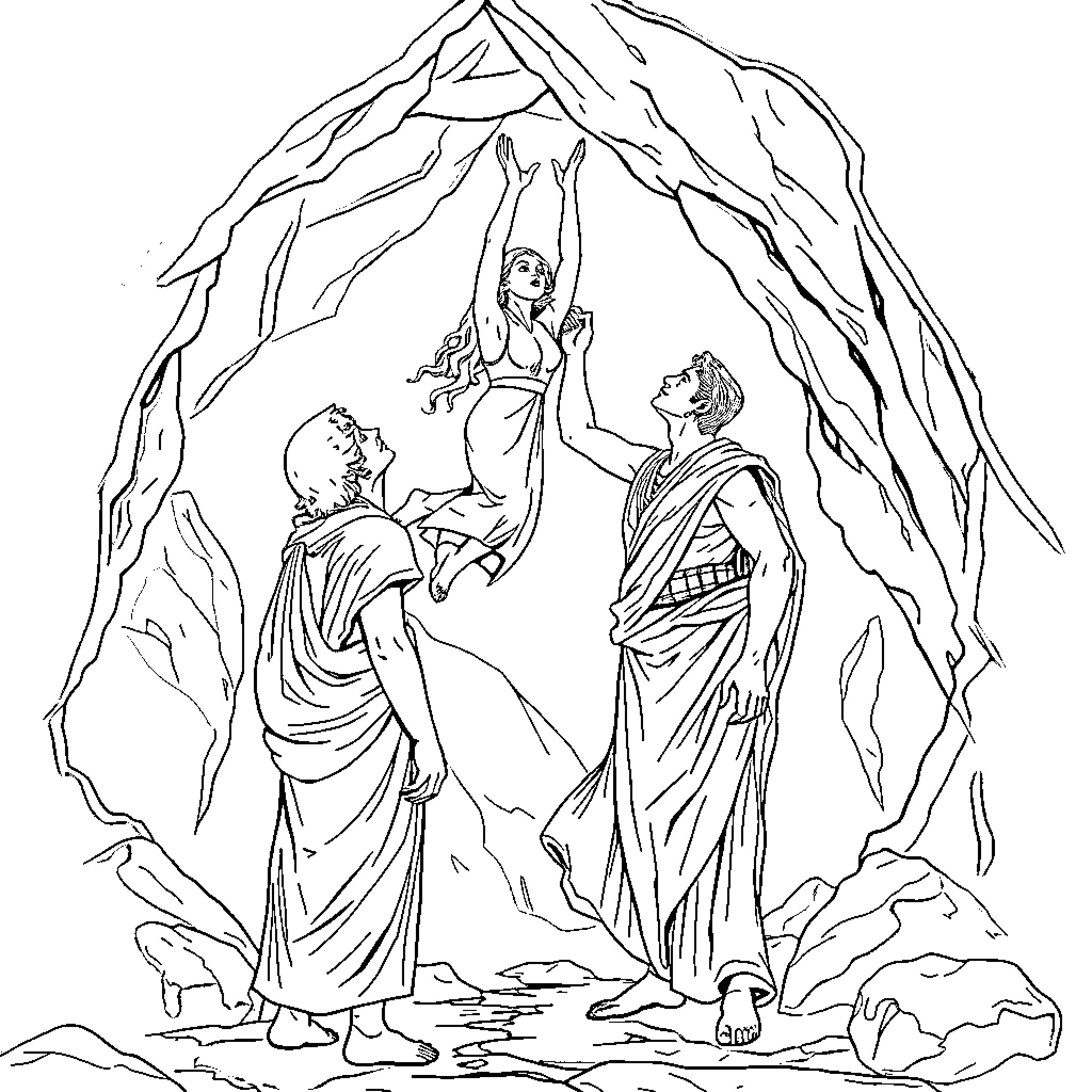Greek Man in Ancient Cave Scene Coloring Page (free black-and-white line drawing printable PDF for all, from beginners to advanced learners, including children, teens, adults, and seniors)