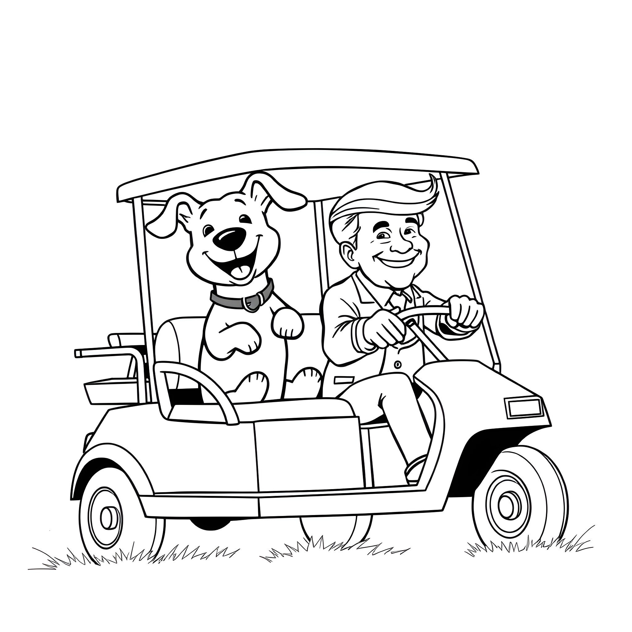 Dog riding in golf cart with owner Coloring Page (free black-and-white line drawing printable PDF for all, from beginners to advanced learners, including children, teens, adults, and seniors)