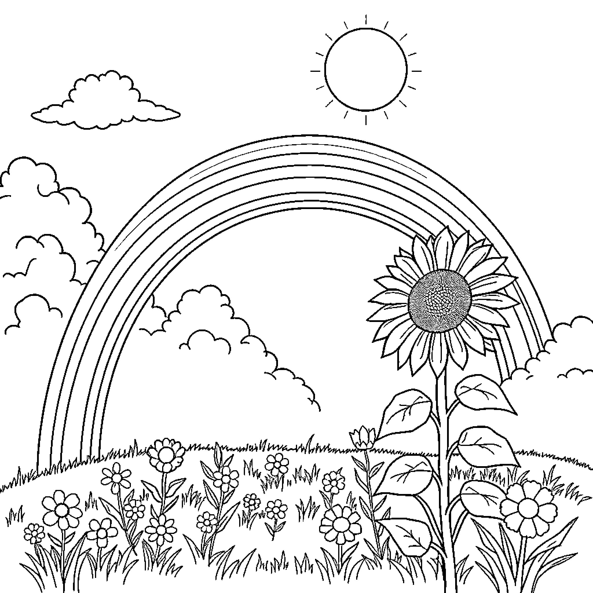 Rainbow Flowers and Clouds in the Sky Coloring Page (free black-and-white line drawing printable PDF for all, from beginners to advanced learners, including children, teens, adults, and seniors)