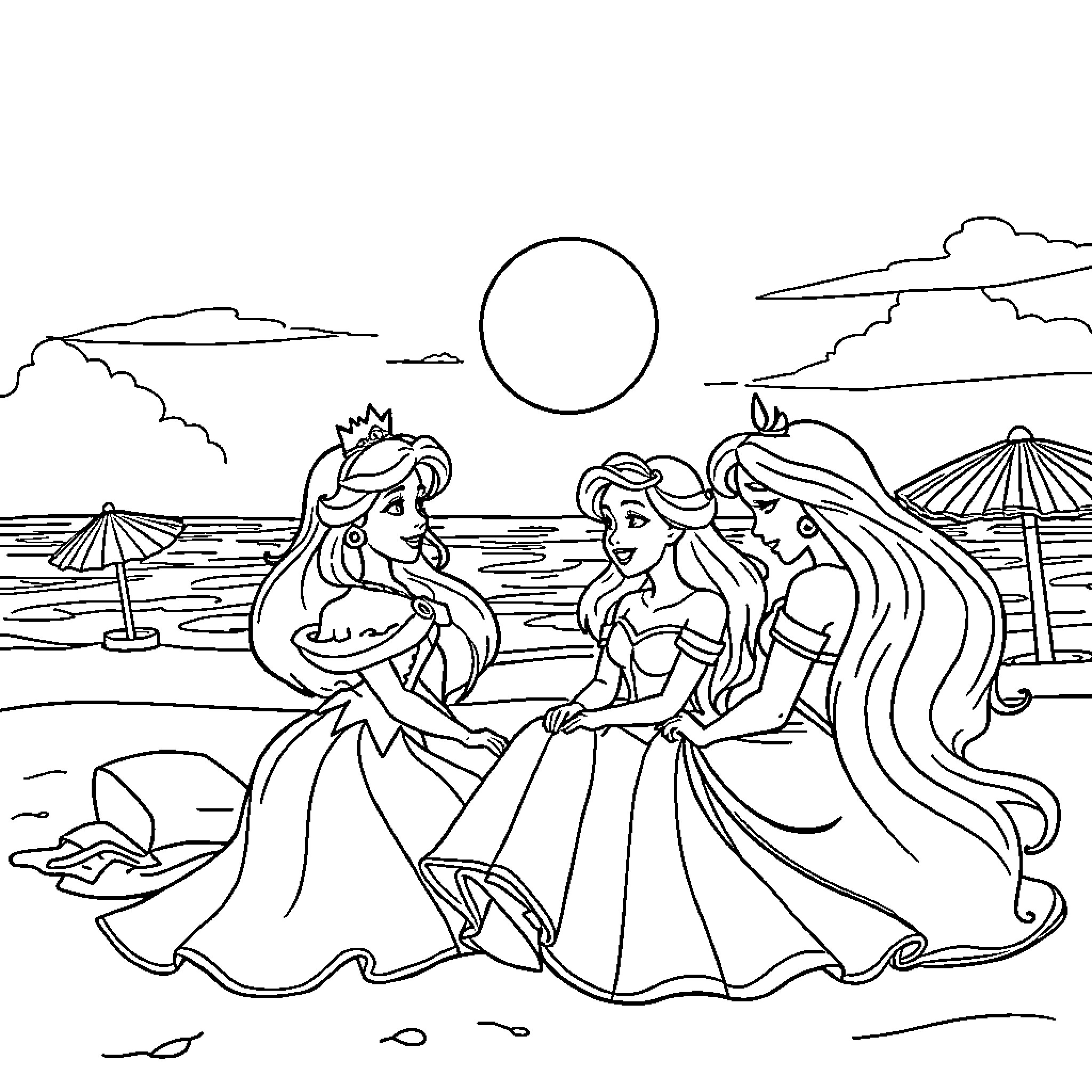 Disney Princess Enjoying Beach Day Together Coloring Page (free black-and-white line drawing printable PDF for all, from beginners to advanced learners, including children, teens, adults, and seniors)