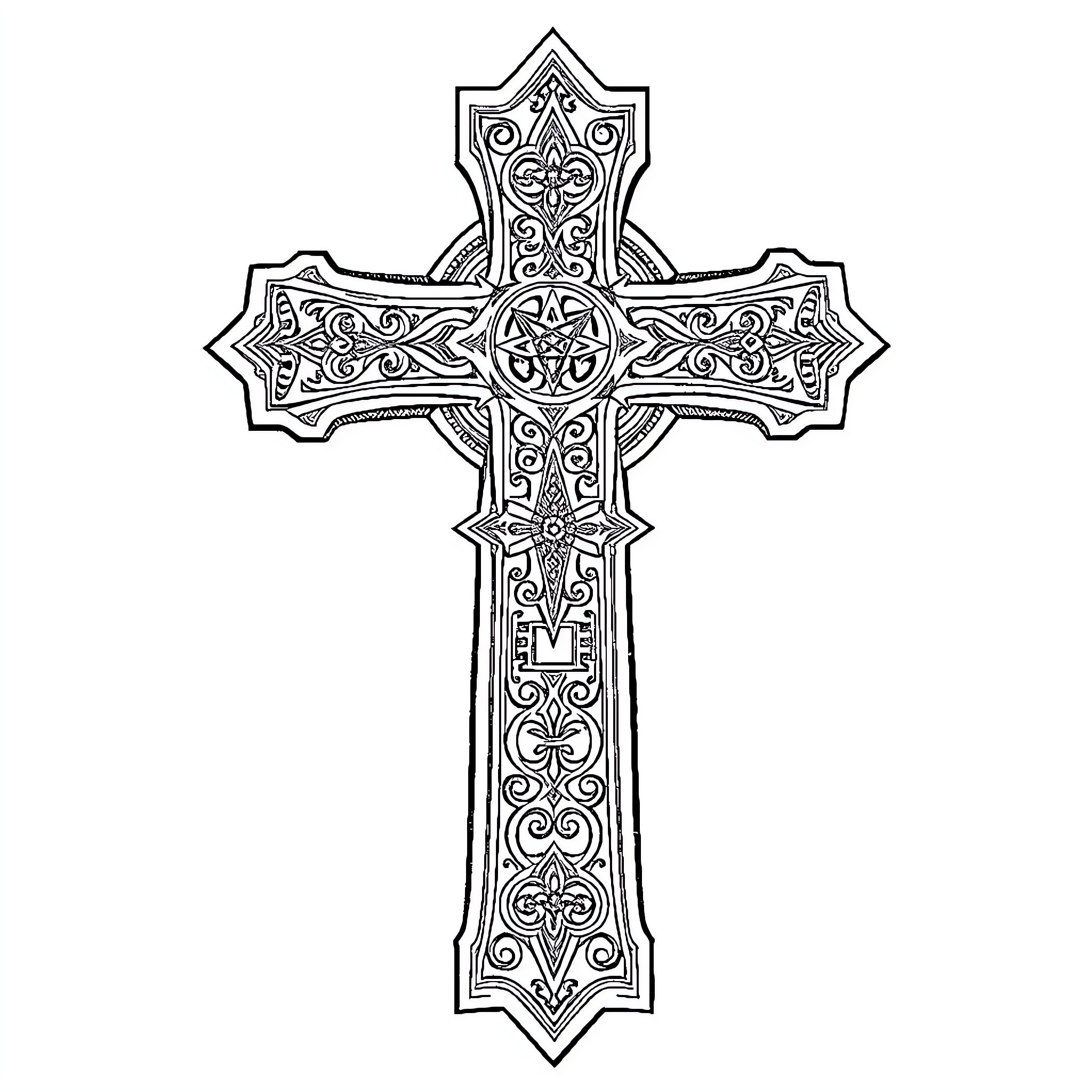 Gnostic Cross with Intricate Ornamental Patterns Coloring Page (free black-and-white line drawing printable PDF for all, from beginners to advanced learners, including children, teens, adults, and seniors)
