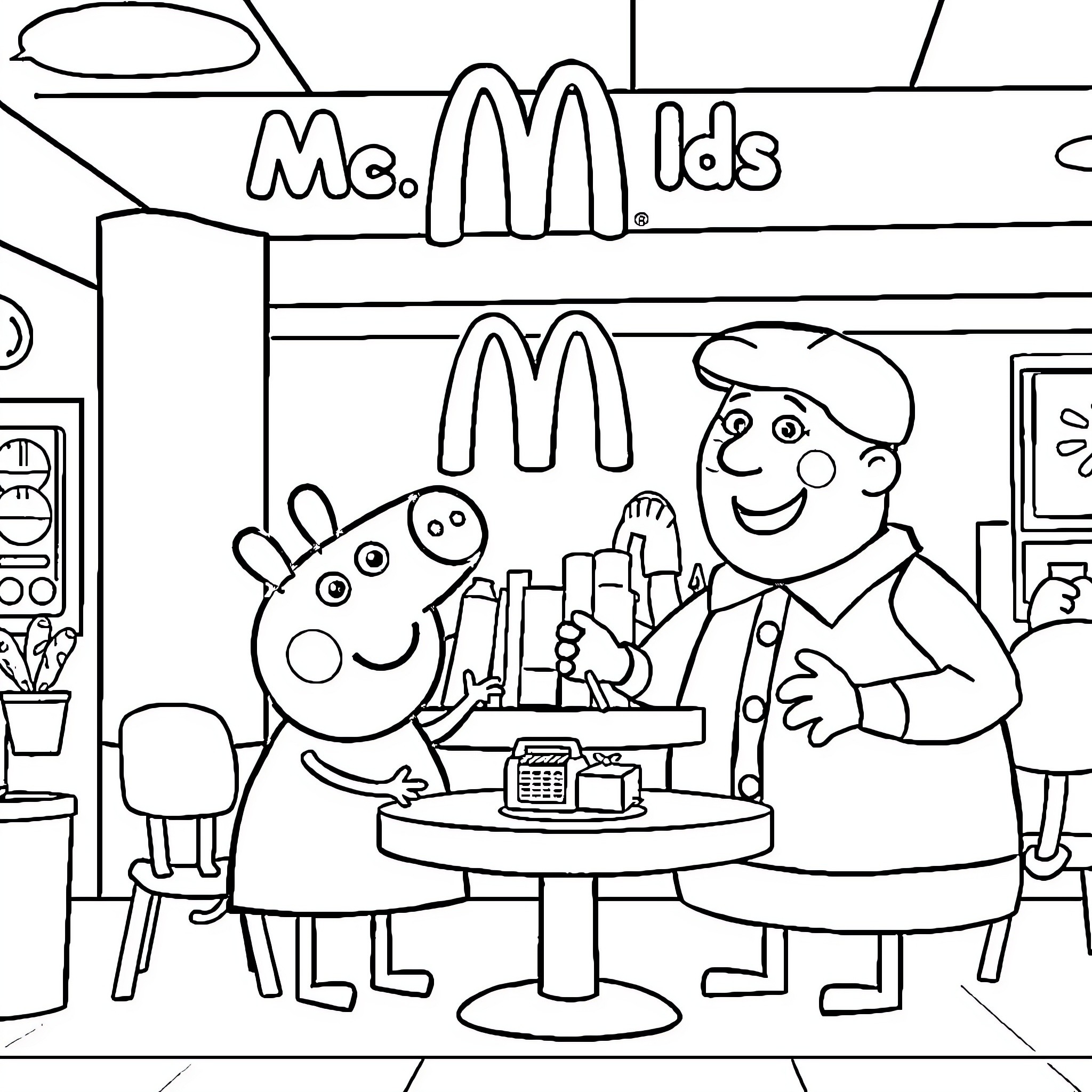 Peppa Pig visits the McDonald's restaurant Coloring Page (free black-and-white line drawing printable PDF for all, from beginners to advanced learners, including children, teens, adults, and seniors)