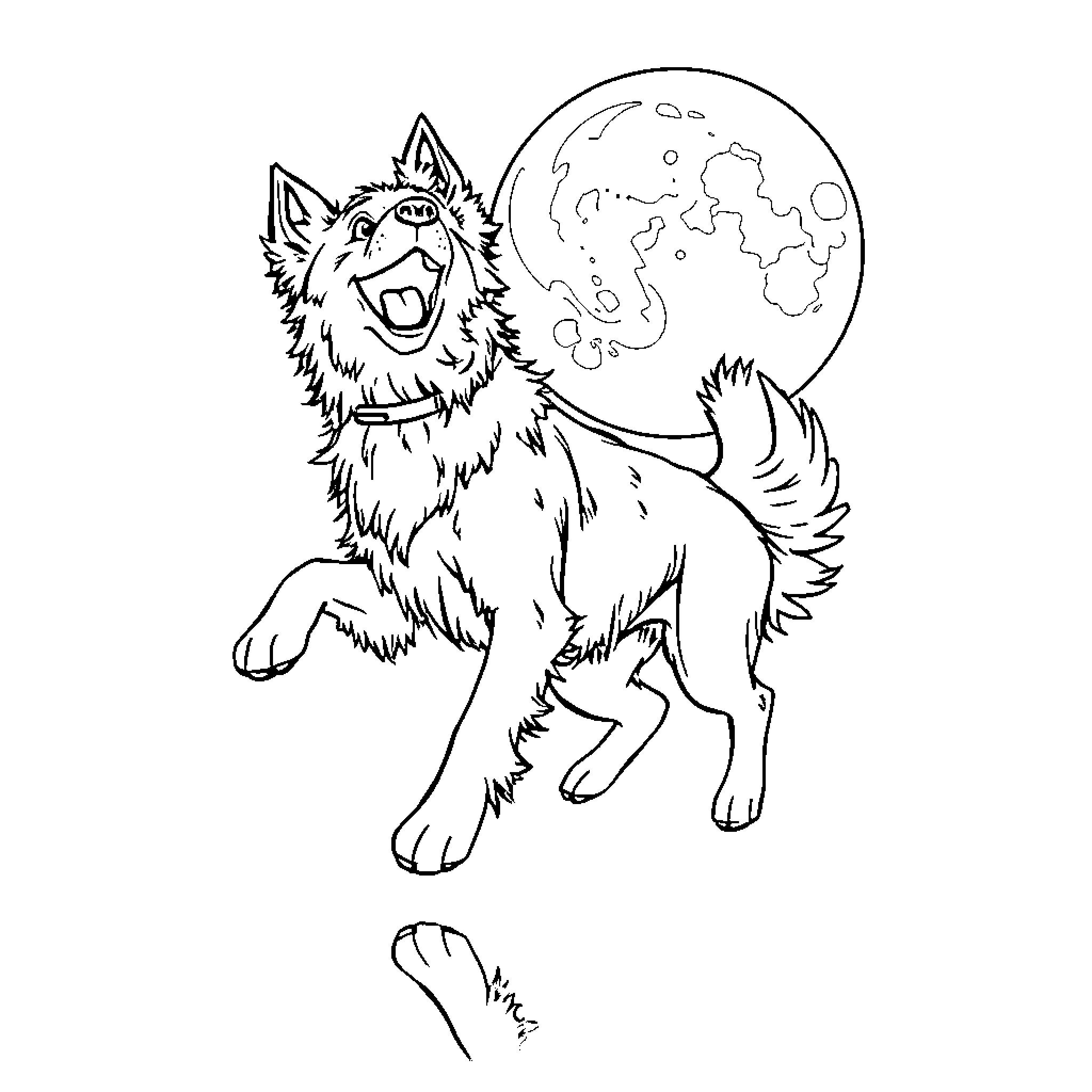 Chien howling joyfully under the moon Coloring Page (free black-and-white line drawing printable PDF for all, from beginners to advanced learners, including children, teens, adults, and seniors)