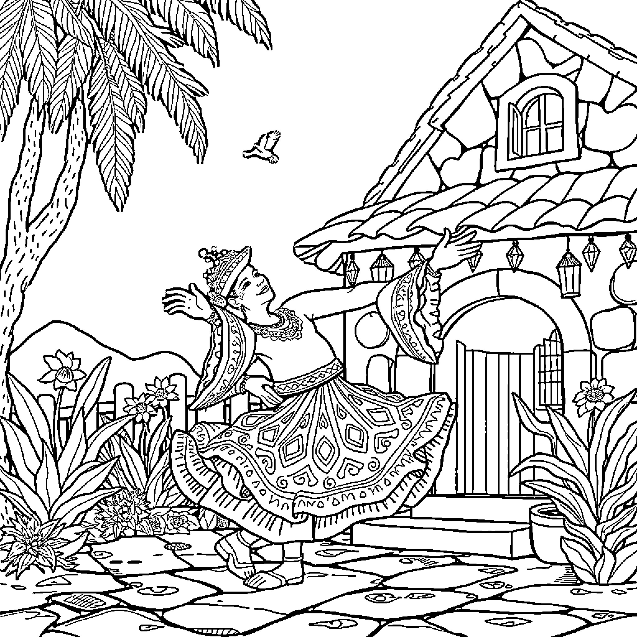 Caiman in ornate dress on a tropical path Coloring Page (free black-and-white line drawing printable PDF for all, from beginners to advanced learners, including children, teens, adults, and seniors)