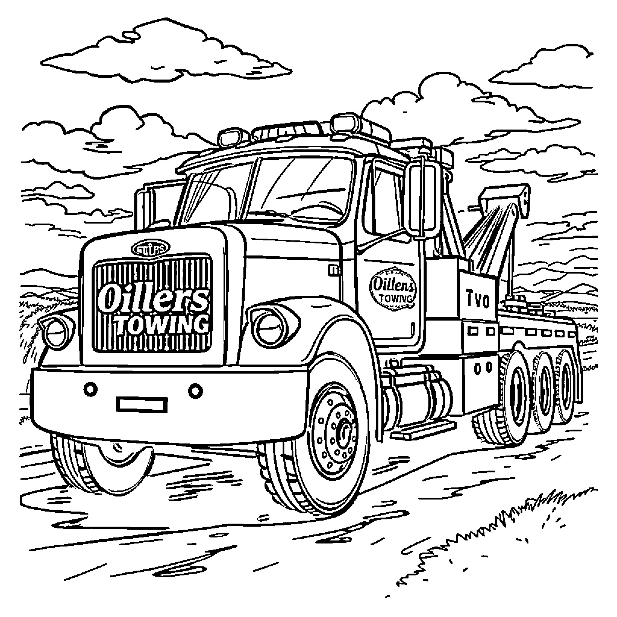 Tow Truck Hauling Vehicle on the Road Coloring Page (free black-and-white line drawing printable PDF for all, from beginners to advanced learners, including children, teens, adults, and seniors)