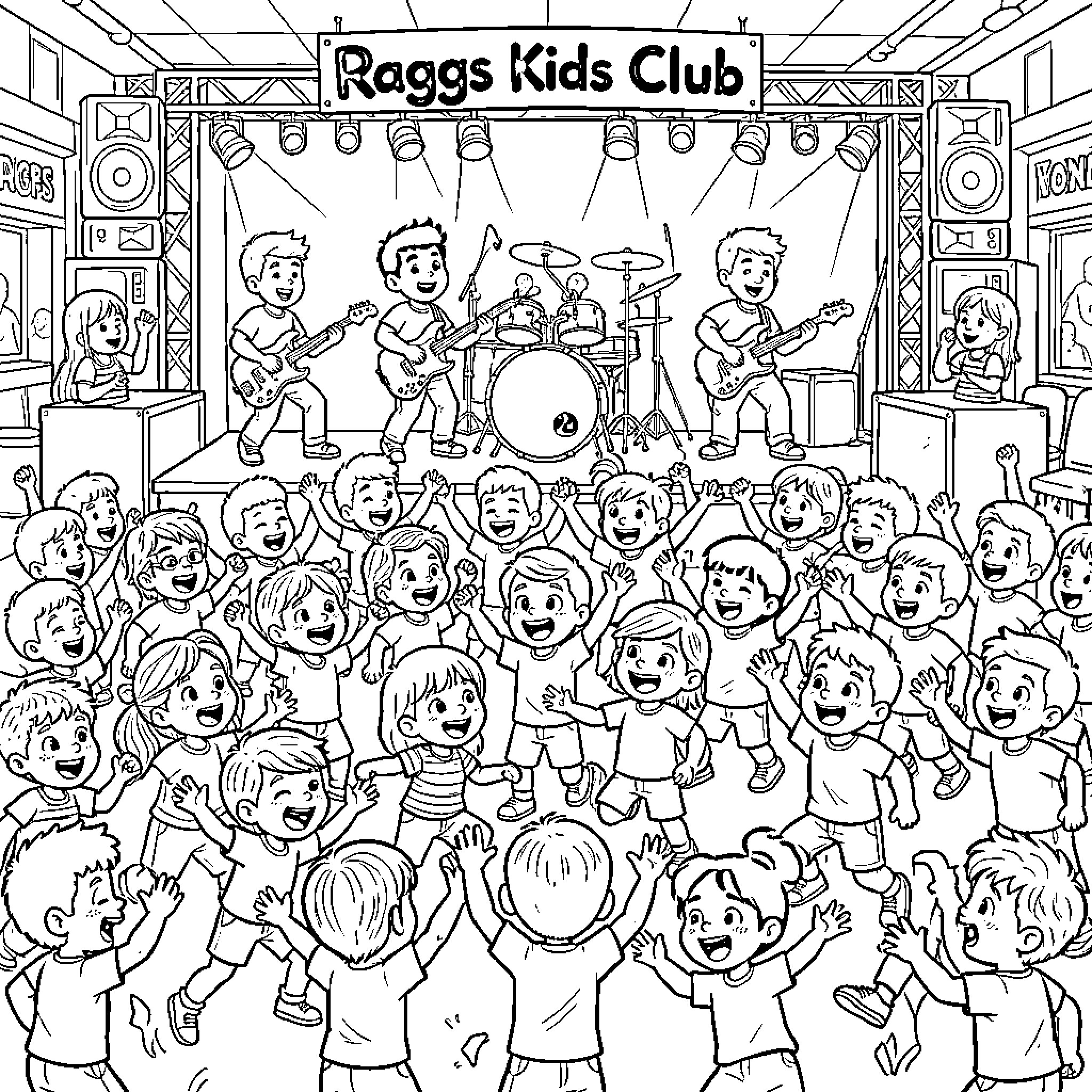 Band Performing for Cheering Kids Club Coloring Page (free black-and-white line drawing printable PDF for all, from beginners to advanced learners, including children, teens, adults, and seniors)