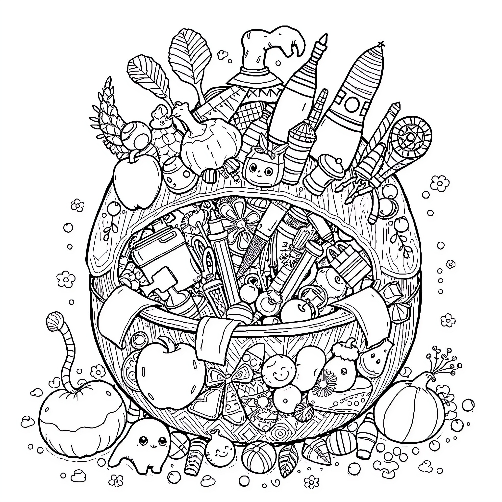 Poddo's Whimsical Wonderland of Fantastical Finds Coloring Page (free black-and-white line drawing printable PDF for all, from beginners to advanced learners, including children, teens, adults, and seniors)