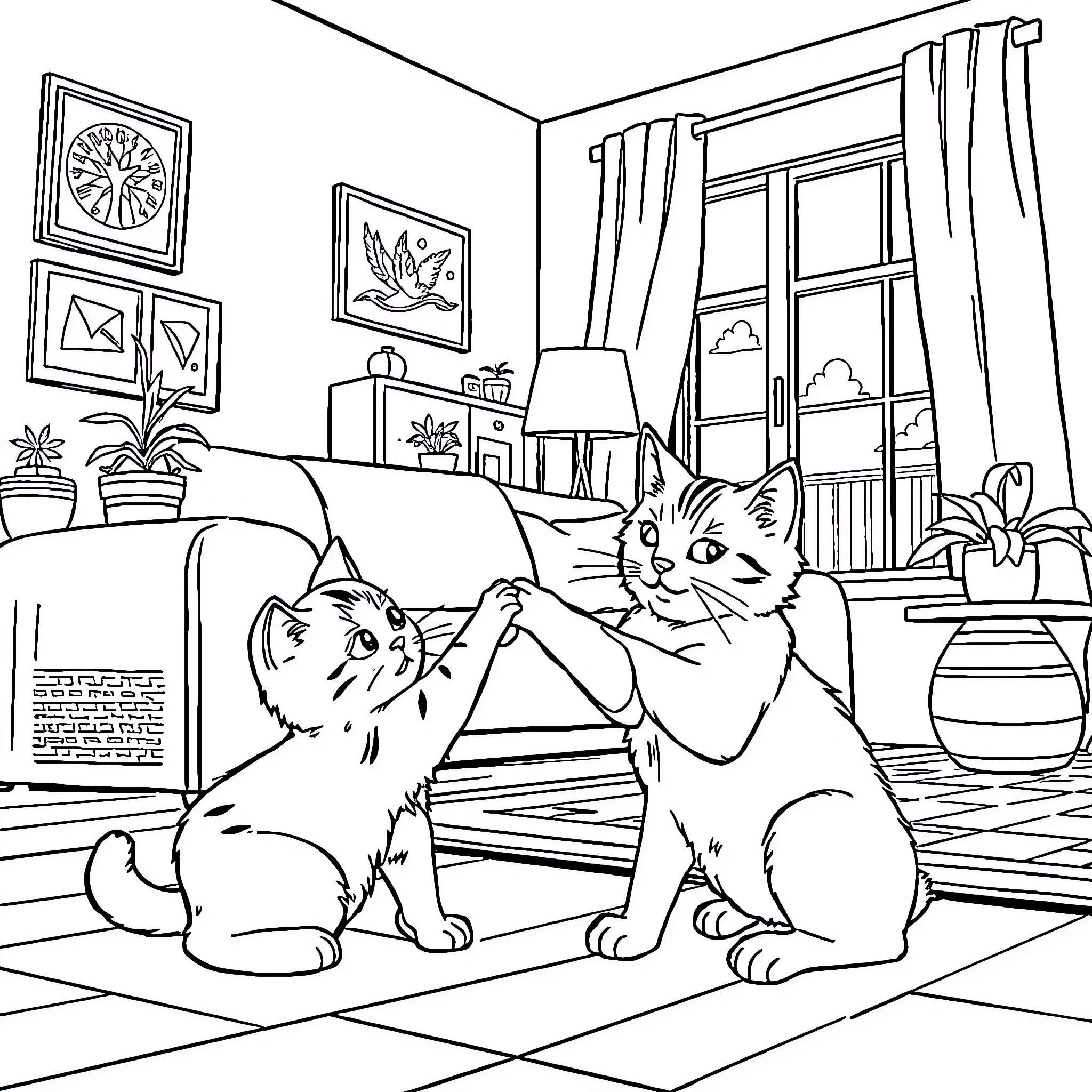 Cat friends having a playful moment Coloring Page (free black-and-white line drawing printable PDF for all, from beginners to advanced learners, including children, teens, adults, and seniors)