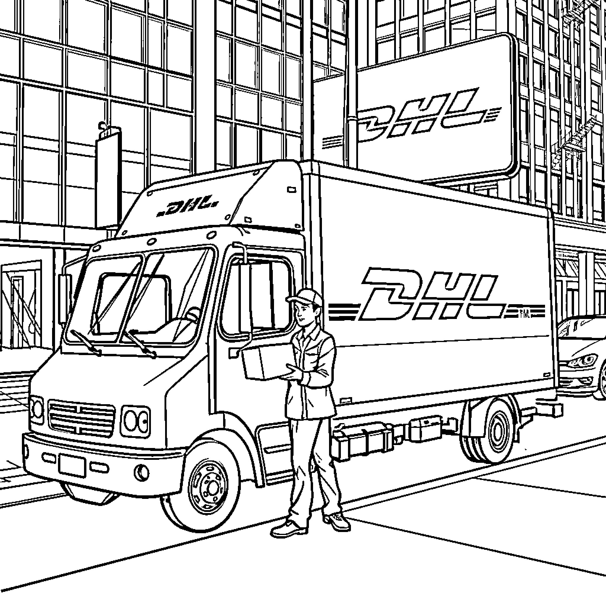 DHL Truck Delivering Packages in the City Coloring Page (free black-and-white line drawing printable PDF for all, from beginners to advanced learners, including children, teens, adults, and seniors)