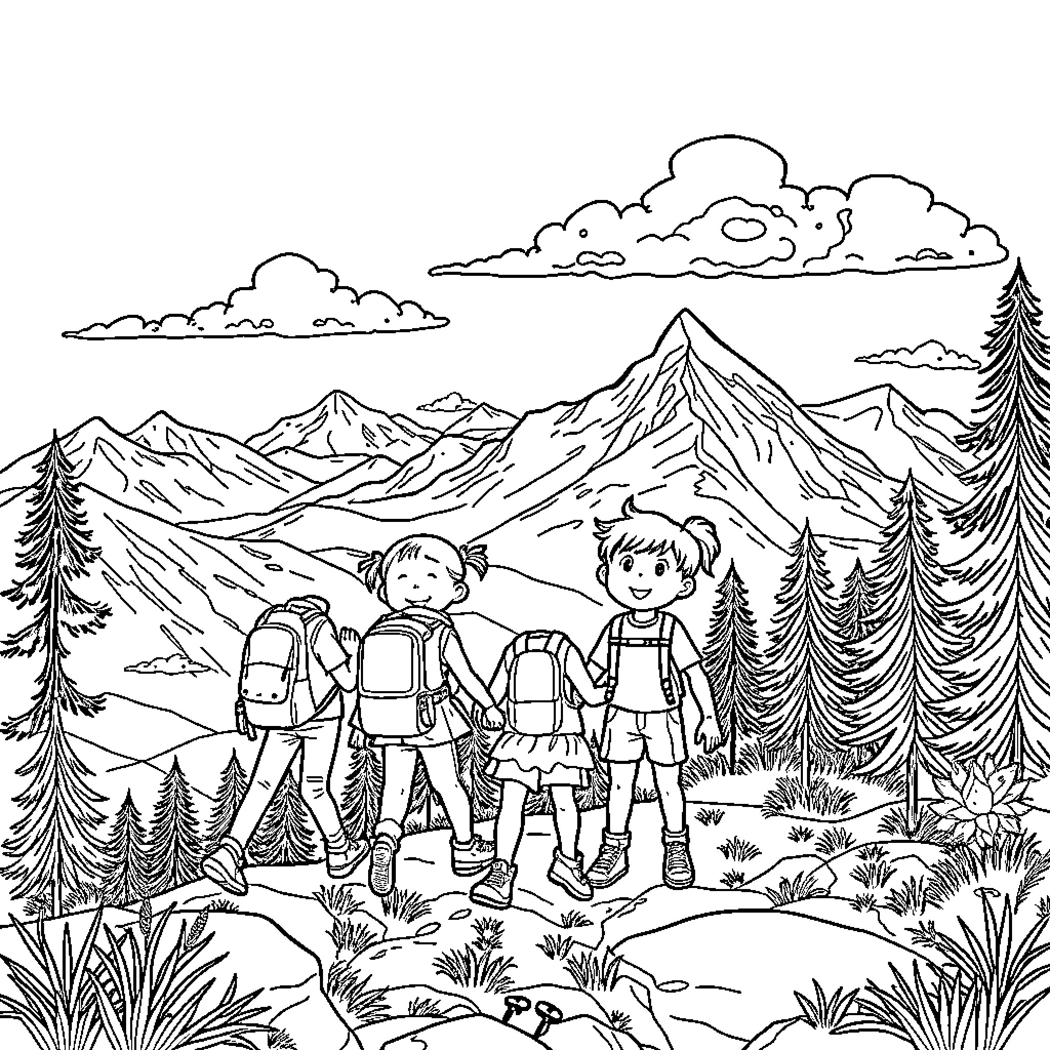 Kid hikers exploring the scenic mountain landscape Coloring Page (free black-and-white line drawing printable PDF for all, from beginners to advanced learners, including children, teens, adults, and seniors)