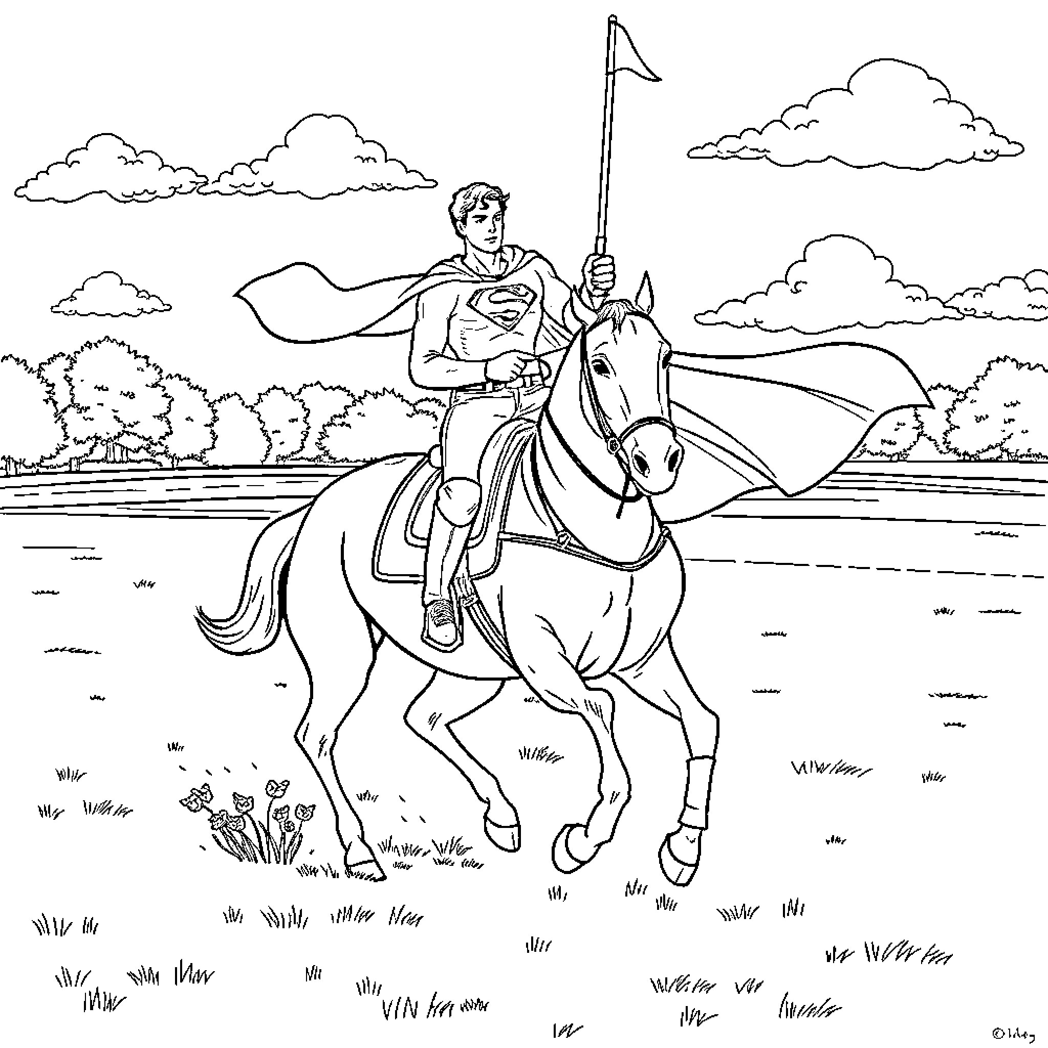 Superman riding a horse in a grassy field Coloring Page (free black-and-white line drawing printable PDF for all, from beginners to advanced learners, including children, teens, adults, and seniors)