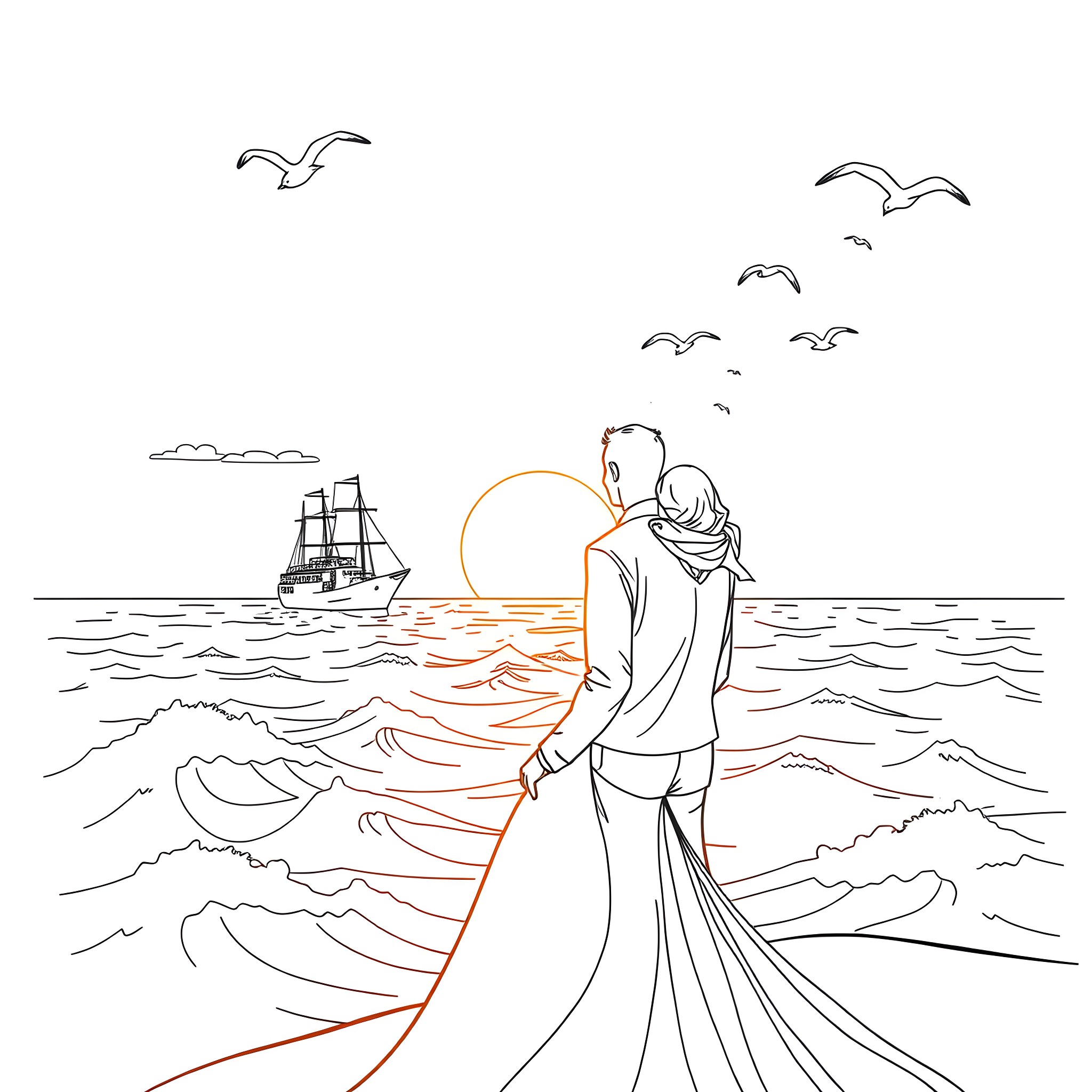 Couple admiring the sunset by the sea Coloring Page (free black-and-white line drawing printable PDF for all, from beginners to advanced learners, including children, teens, adults, and seniors)