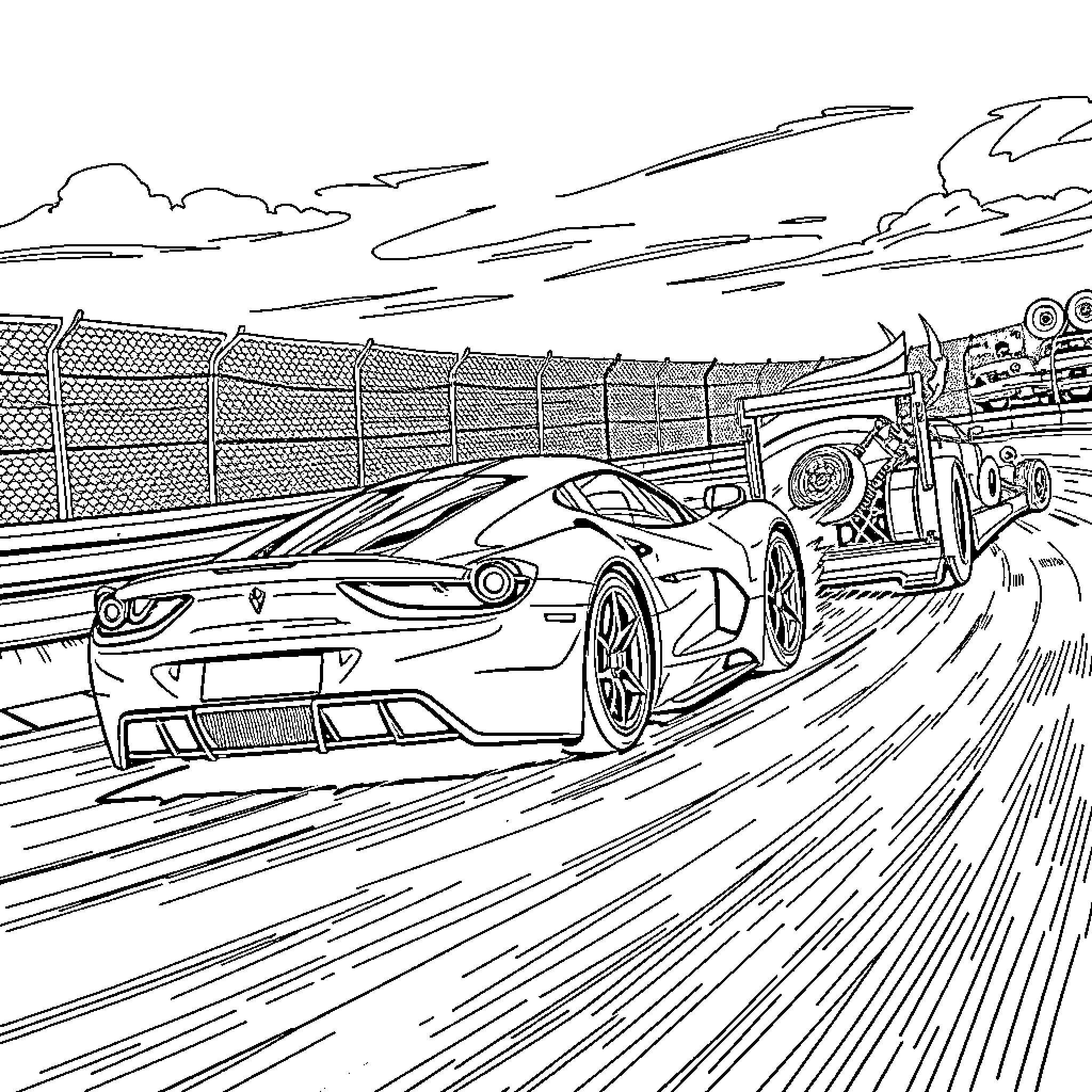 Sports Car Speeding on Racetrack Coloring Page (free black-and-white line drawing printable PDF for all, from beginners to advanced learners, including children, teens, adults, and seniors)