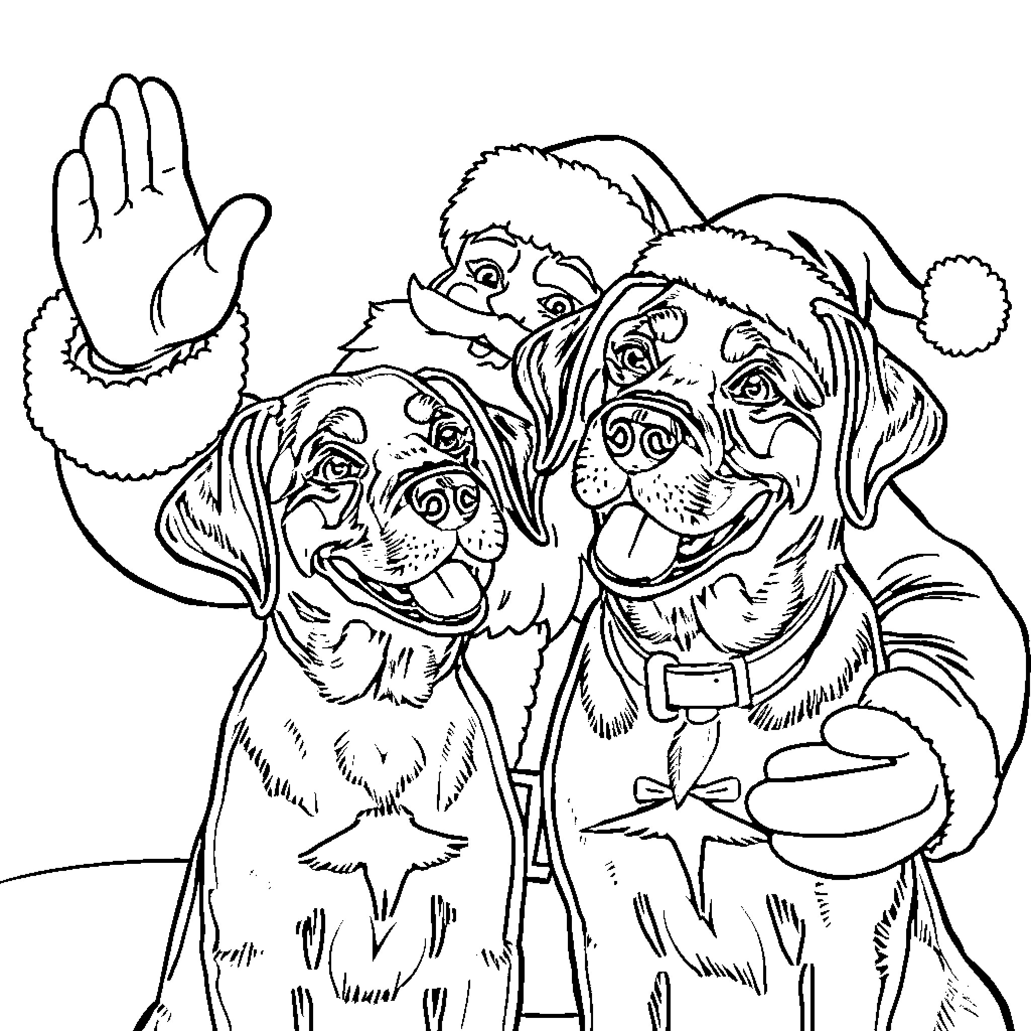 Lab dogs in winter outfits waving happily Coloring Page (free black-and-white line drawing printable PDF for all, from beginners to advanced learners, including children, teens, adults, and seniors)