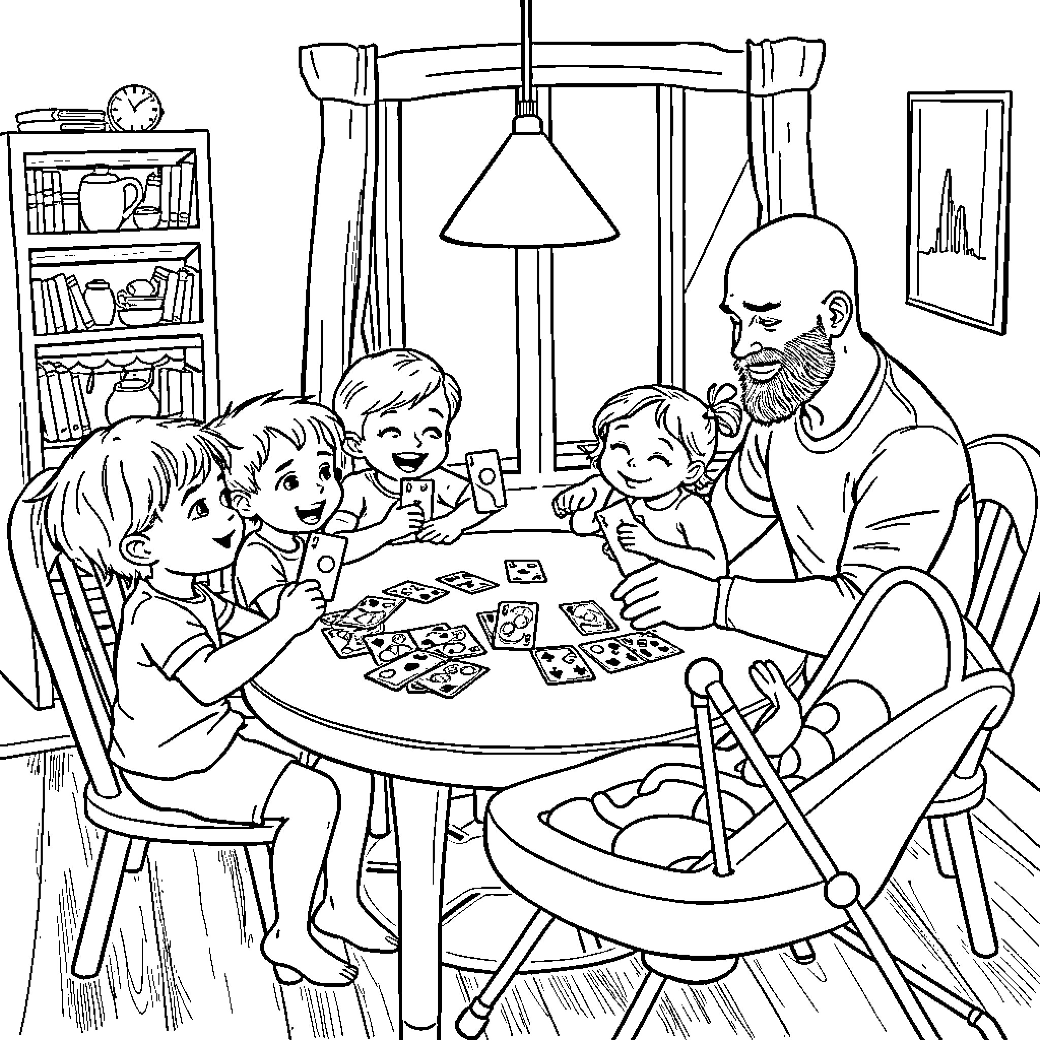 Family Enjoying Quality Time Together Coloring Page (free black-and-white line drawing printable PDF for all, from beginners to advanced learners, including children, teens, adults, and seniors)