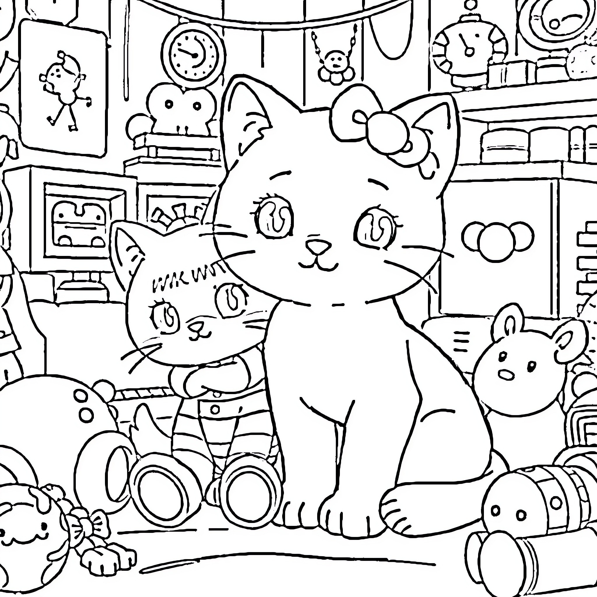 Kitty and Friends in a Playful Room Coloring Page (free black-and-white line drawing printable PDF for all, from beginners to advanced learners, including children, teens, adults, and seniors)