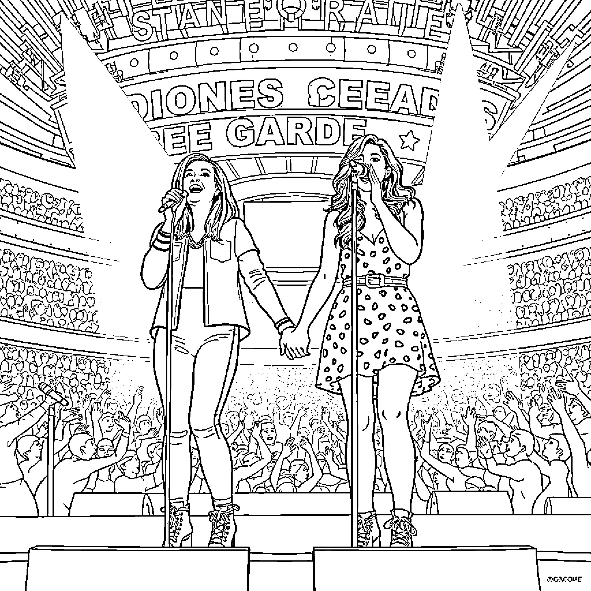 Tate McRae and Friend Performing on Stage Coloring Page (free black-and-white line drawing printable PDF for all, from beginners to advanced learners, including children, teens, adults, and seniors)