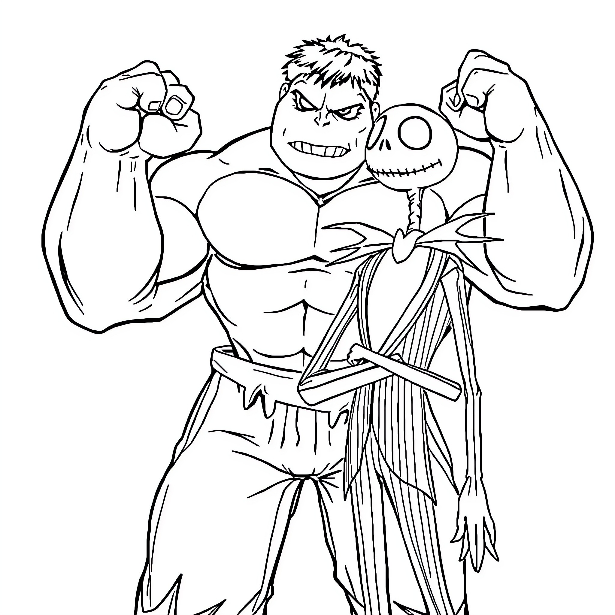 Hulk Flexing Muscles in Warrior Pose Coloring Page (free black-and-white line drawing printable PDF for all, from beginners to advanced learners, including children, teens, adults, and seniors)