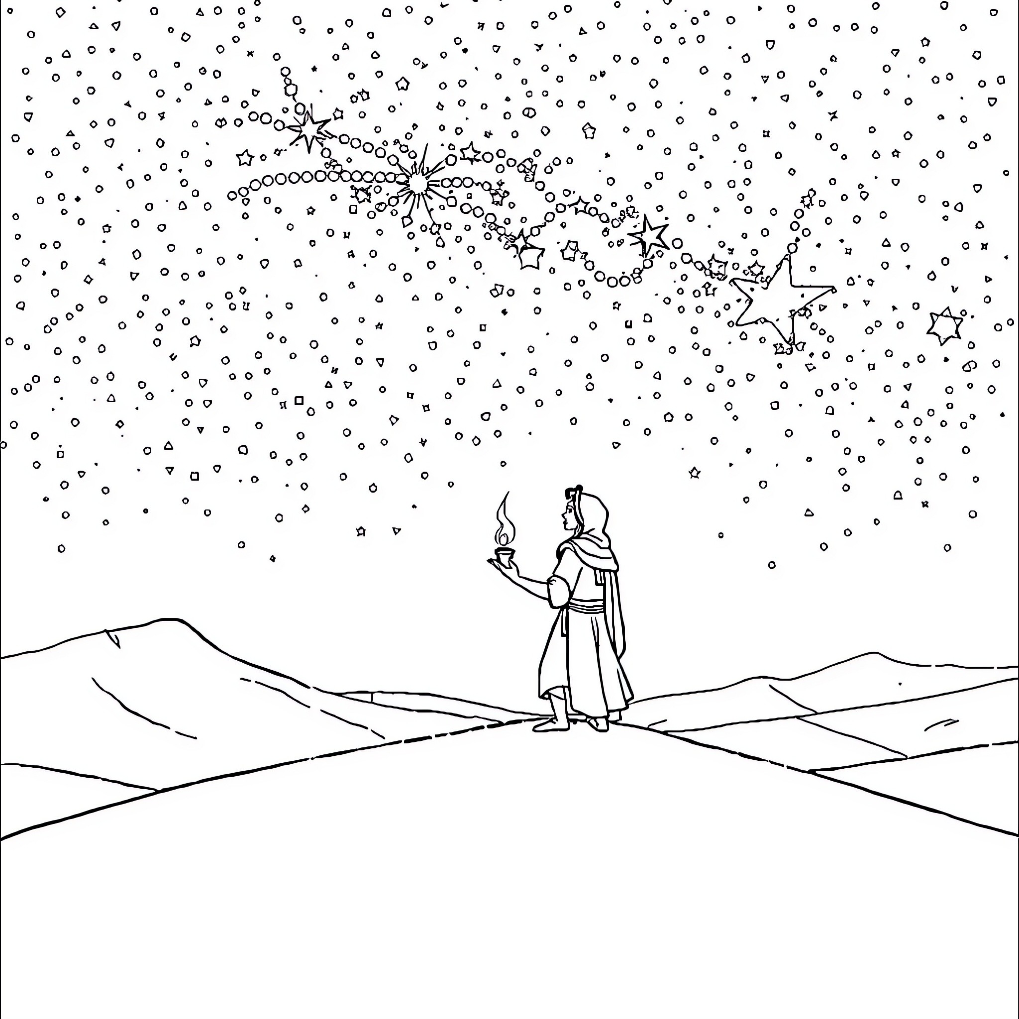 Aladino gazing at the starry night sky Coloring Page (free black-and-white line drawing printable PDF for all, from beginners to advanced learners, including children, teens, adults, and seniors)