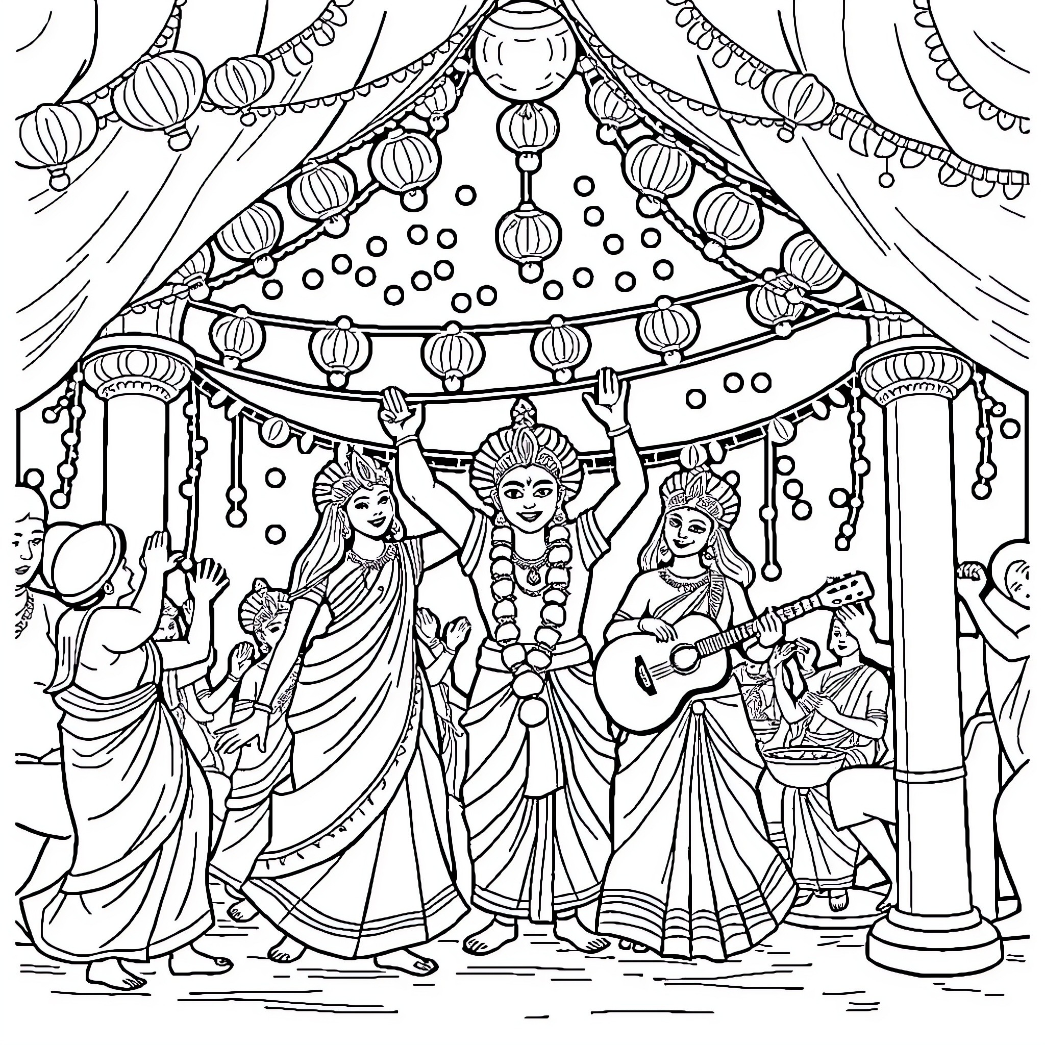 Bandwaha: Vibrant Festival Celebration with Dancers and Musicians Coloring Page (free black-and-white line drawing printable PDF for all, from beginners to advanced learners, including children, teens, adults, and seniors)