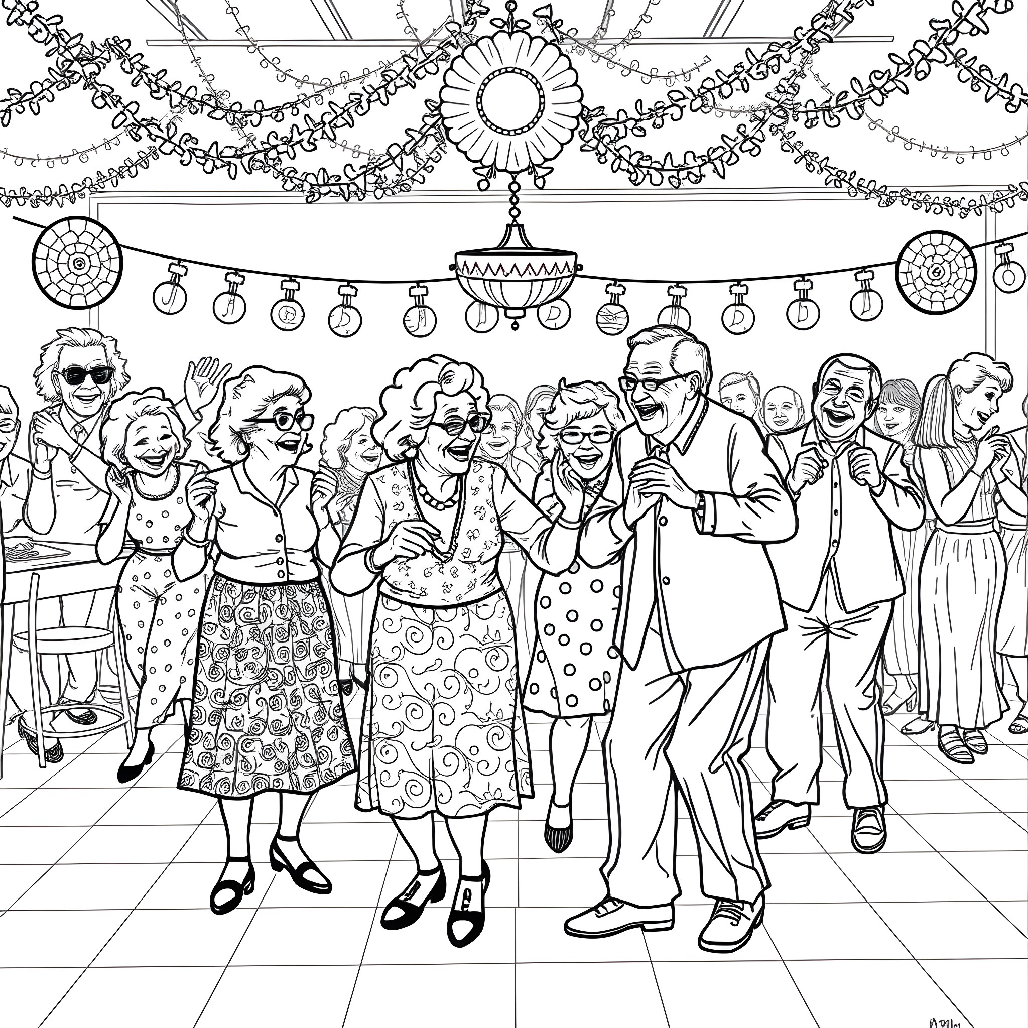 Grandparents celebrating joyous family reunion Coloring Page (free black-and-white line drawing printable PDF for all, from beginners to advanced learners, including children, teens, adults, and seniors)