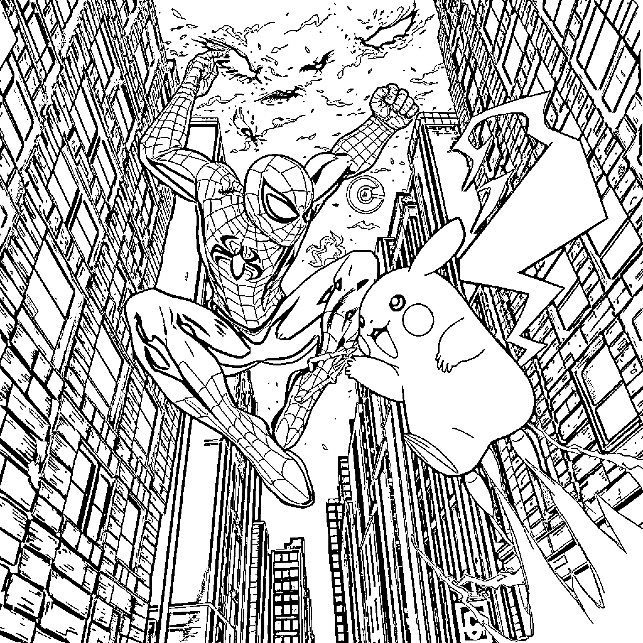 Spiderman and Pikachu's city adventure Coloring Page (free black-and-white line drawing printable PDF for all, from beginners to advanced learners, including children, teens, adults, and seniors)