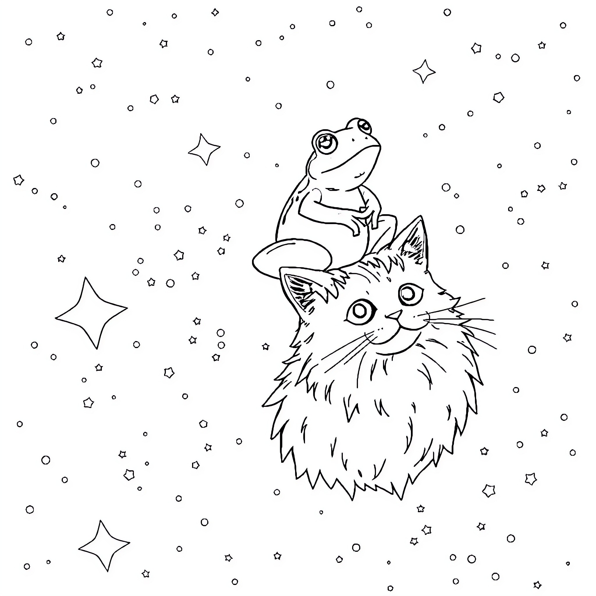 Frog sitting on furry creature in starry night Coloring Page (free black-and-white line drawing printable PDF for all, from beginners to advanced learners, including children, teens, adults, and seniors)