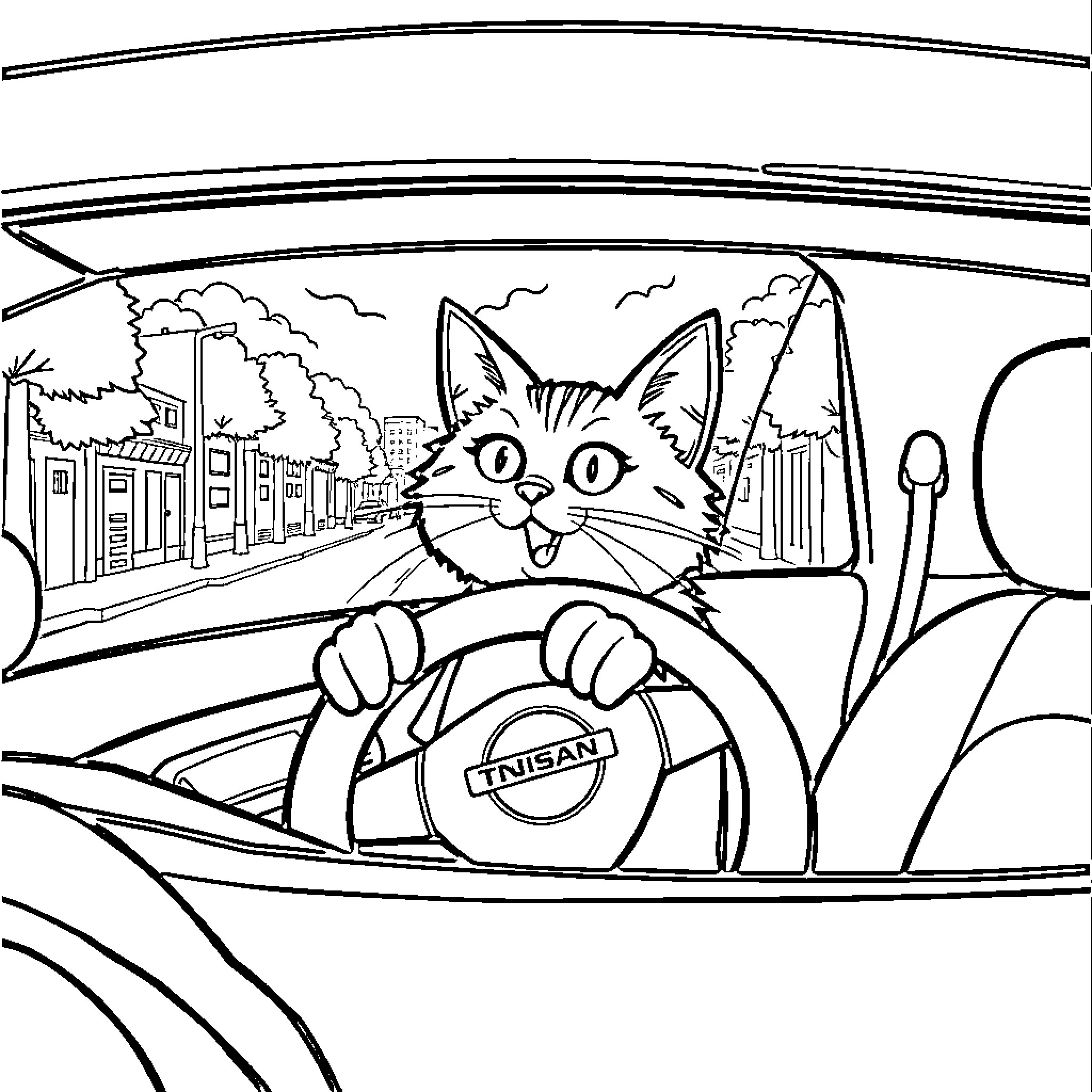 Toonces the Cat Drives Enthusiastically Through the City Coloring Page (free black-and-white line drawing printable PDF for all, from beginners to advanced learners, including children, teens, adults, and seniors)