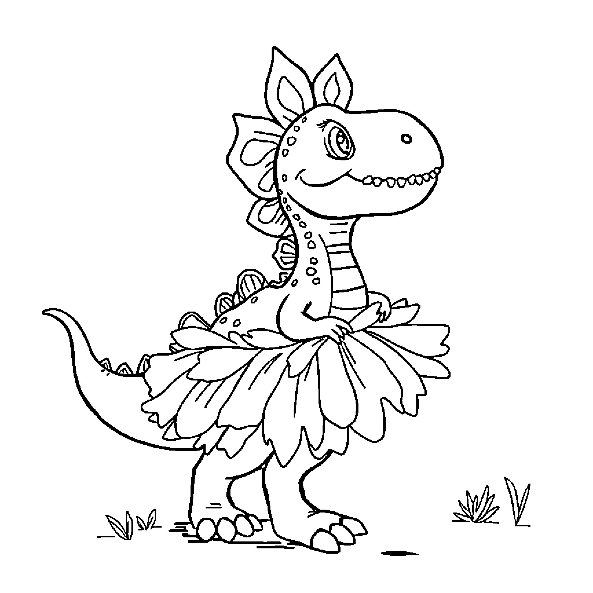 Dinosaur wearing a flower dress posing happily Coloring Page (free black-and-white line drawing printable PDF for all, from beginners to advanced learners, including children, teens, adults, and seniors)