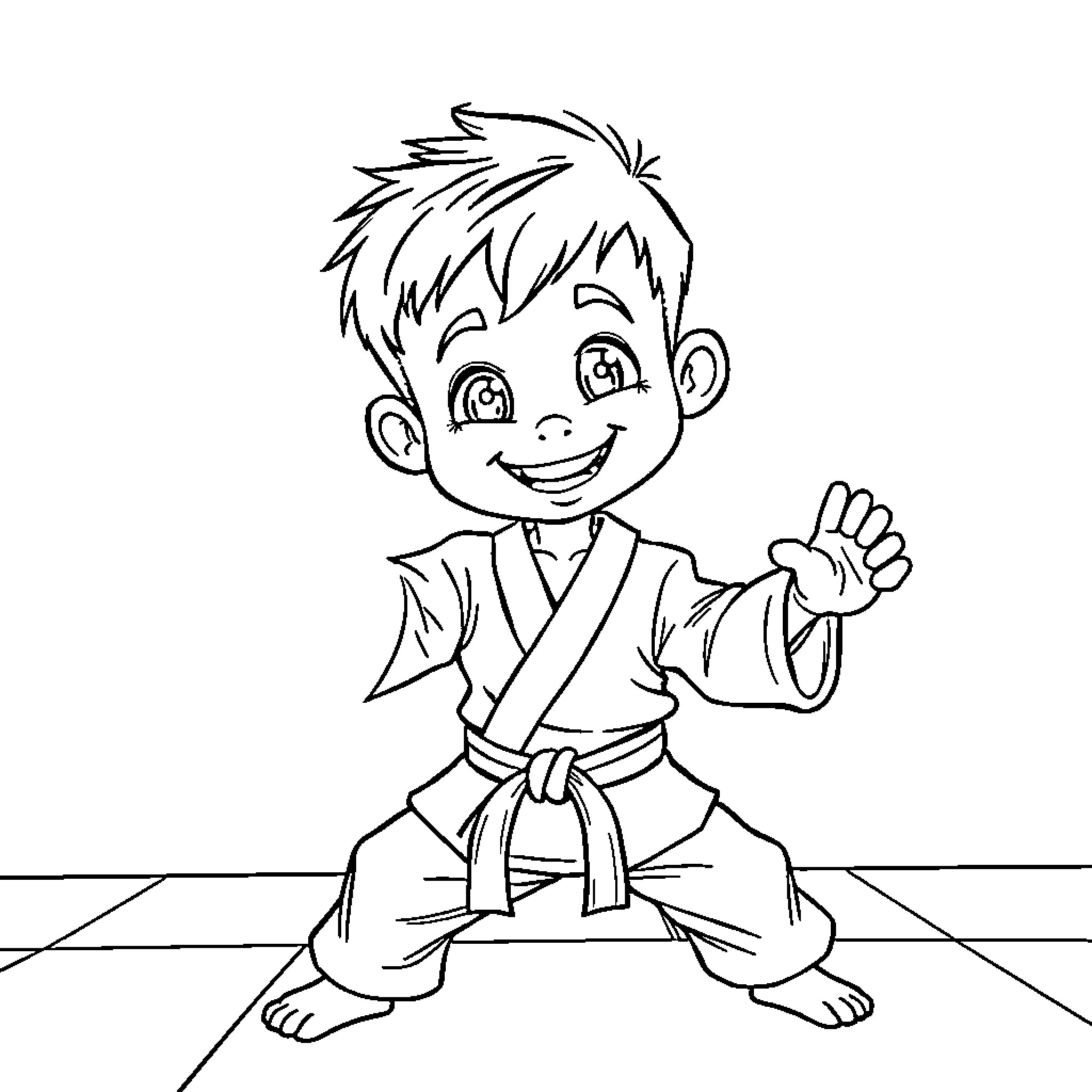 Kid practicing martial arts in traditional outfit Coloring Page (free black-and-white line drawing printable PDF for all, from beginners to advanced learners, including children, teens, adults, and seniors)