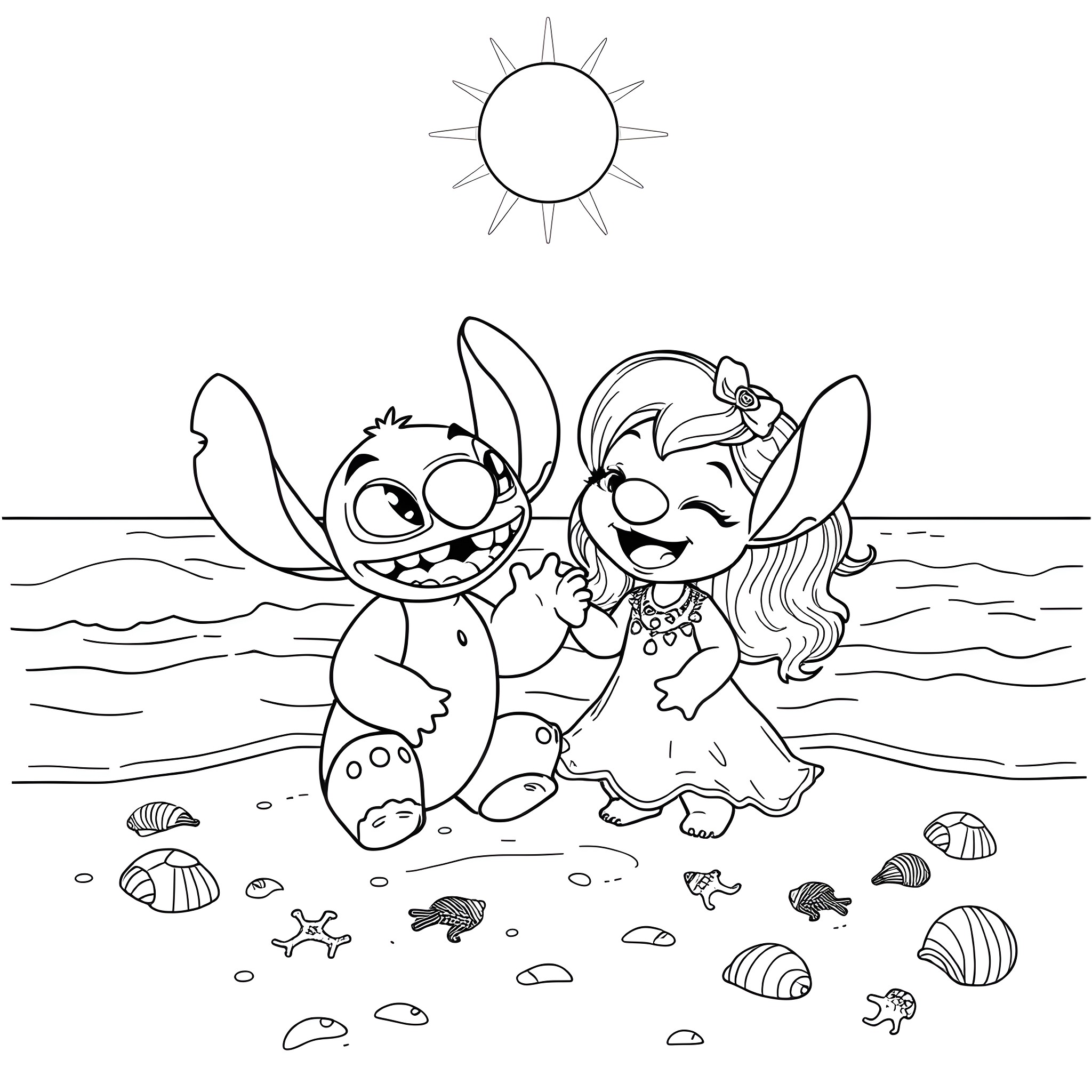 Stitch and Lilo Playing on the Beach Coloring Page (free black-and-white line drawing printable PDF for all, from beginners to advanced learners, including children, teens, adults, and seniors)